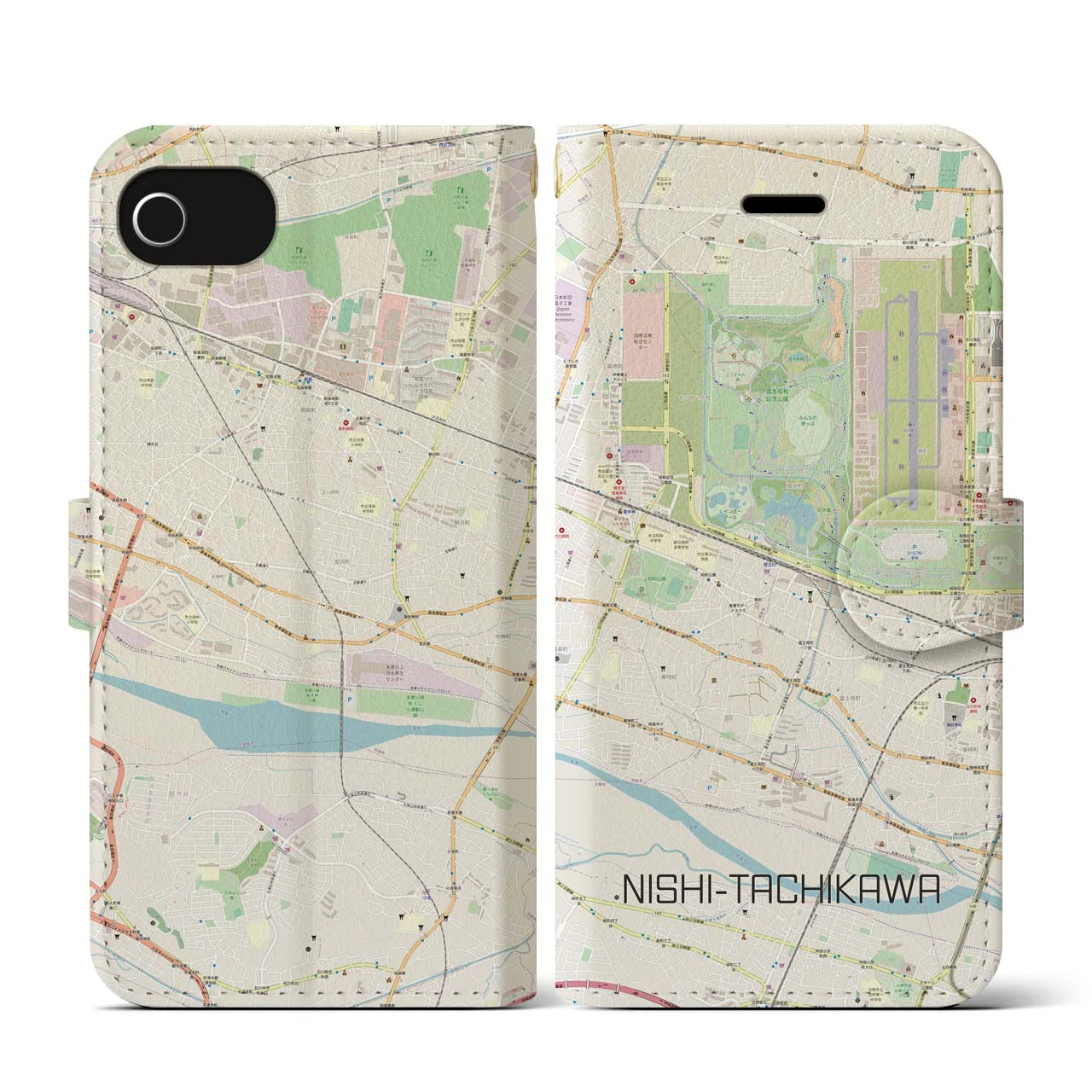 【西立川(東京都)】地図柄iPhoneケース(手帳タイプ)ナチュラル・iPhone SE(第3 / 第2世代) / 8 / 7 / 6s / 6 用
