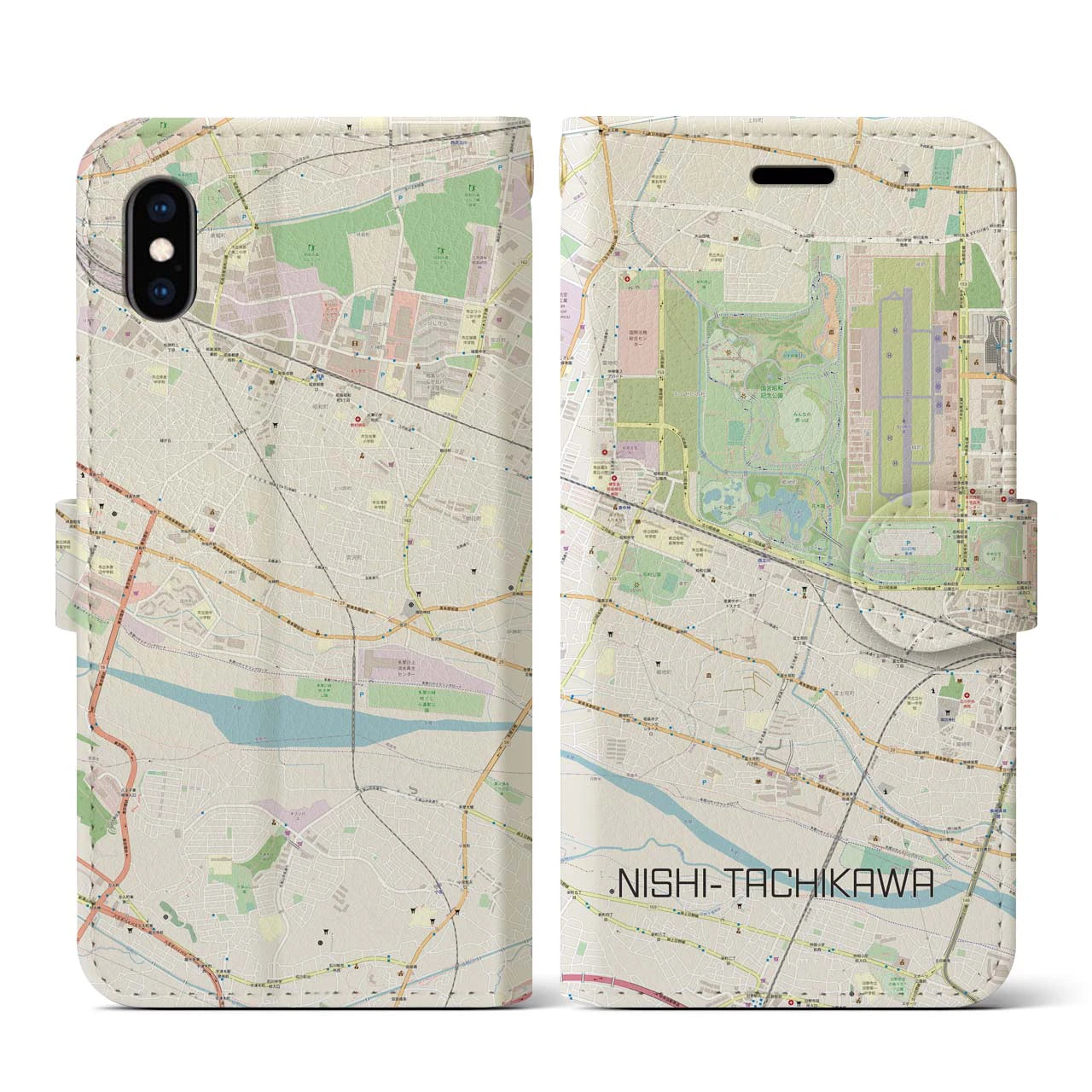 【西立川(東京都)】地図柄iPhoneケース(手帳タイプ)ナチュラル・iPhone XS / X 用