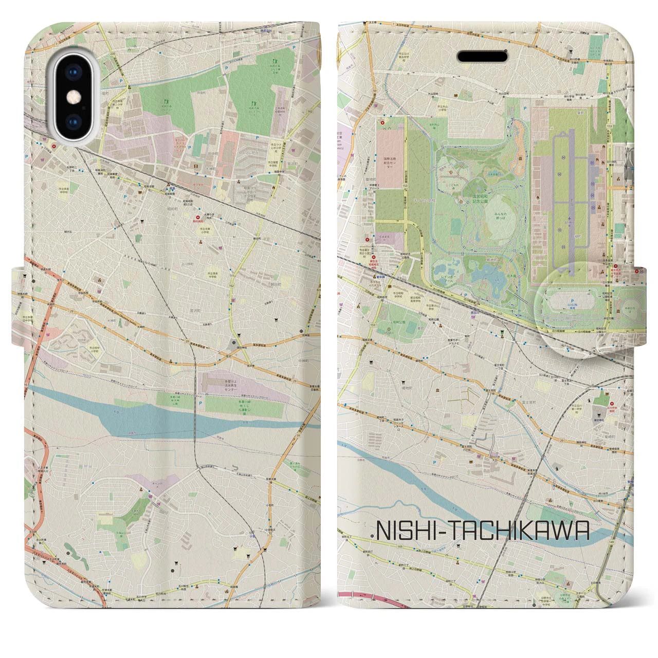 【西立川(東京都)】地図柄iPhoneケース(手帳タイプ)ナチュラル・iPhone XS Max 用