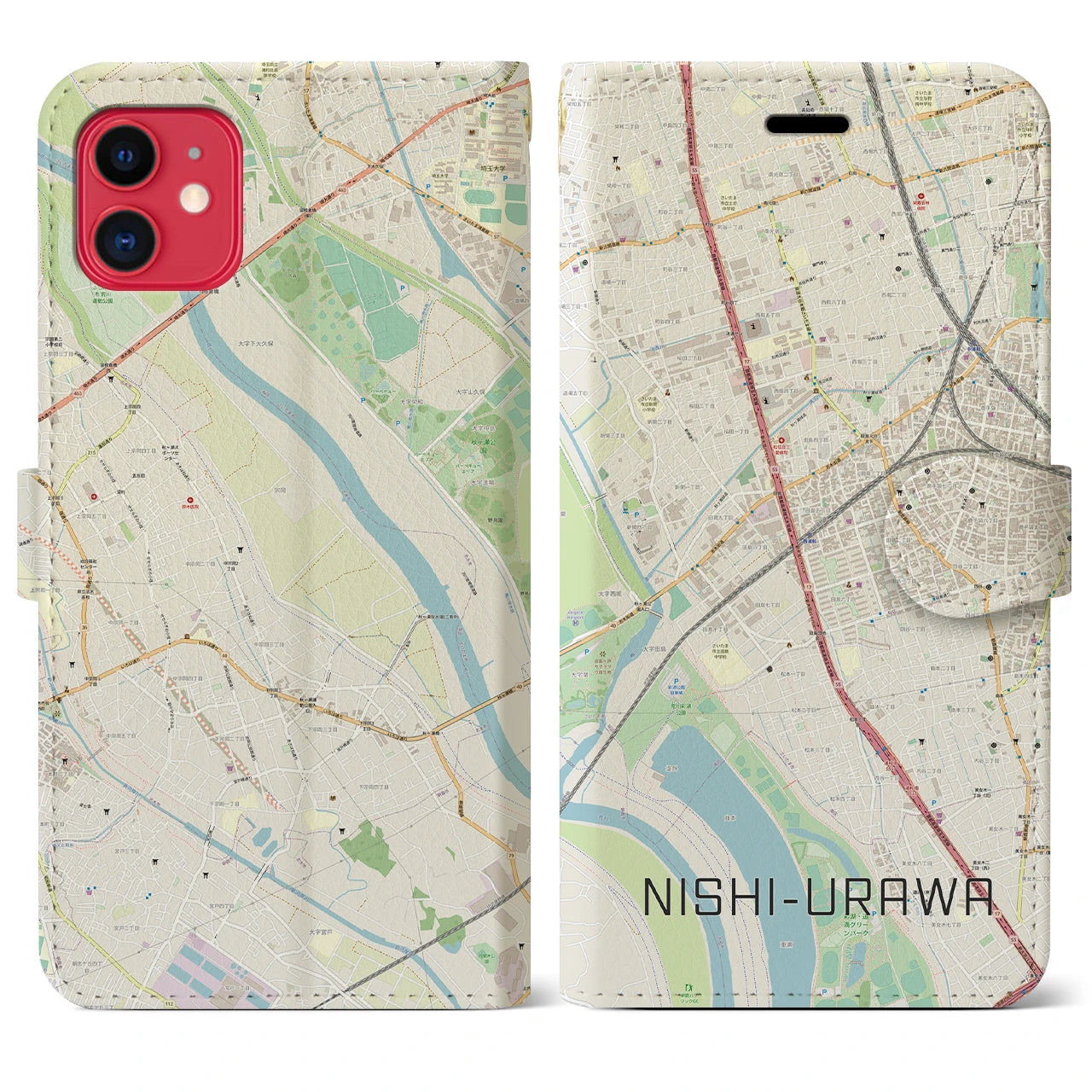 【西浦和(埼玉県)】地図柄iPhoneケース(手帳タイプ)ナチュラル・iPhone 11 用