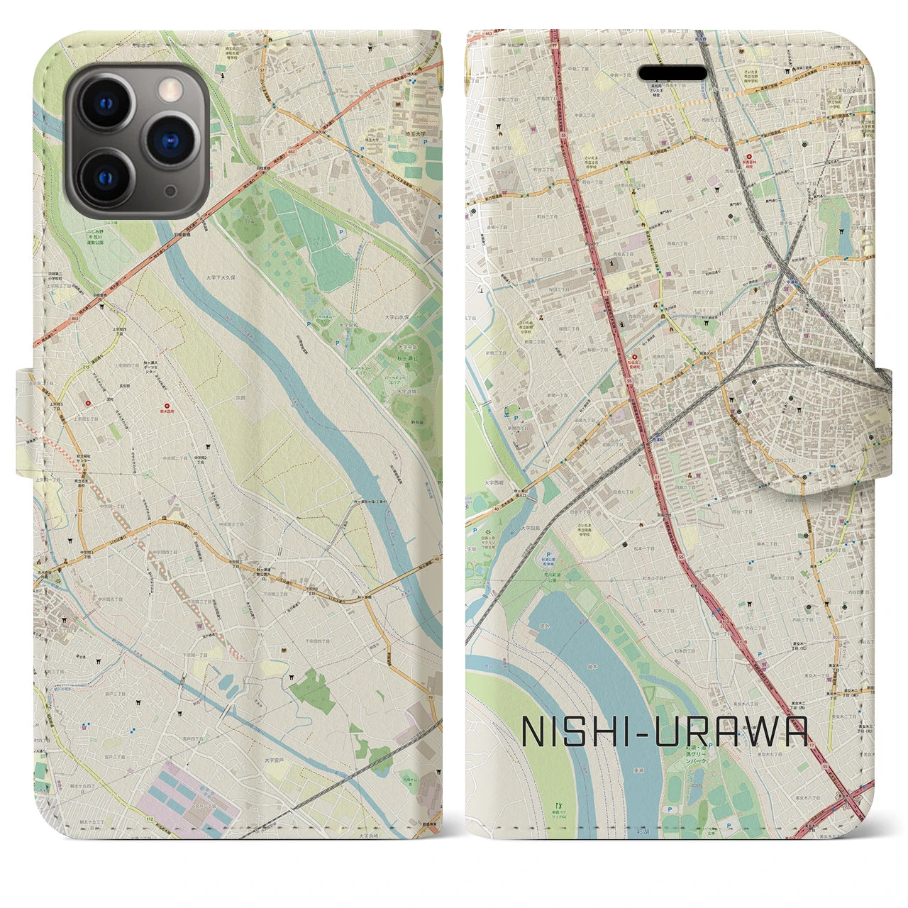 【西浦和(埼玉県)】地図柄iPhoneケース(手帳タイプ)ナチュラル・iPhone 11 Pro Max 用