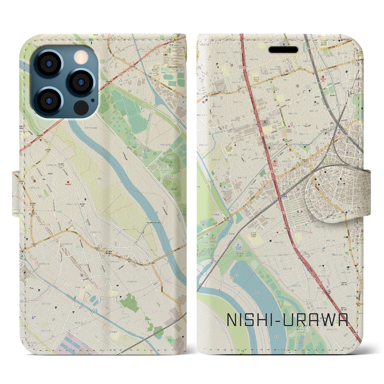 【西浦和(埼玉県)】地図柄iPhoneケース(手帳タイプ)ナチュラル・iPhone 12 / 12 Pro 用