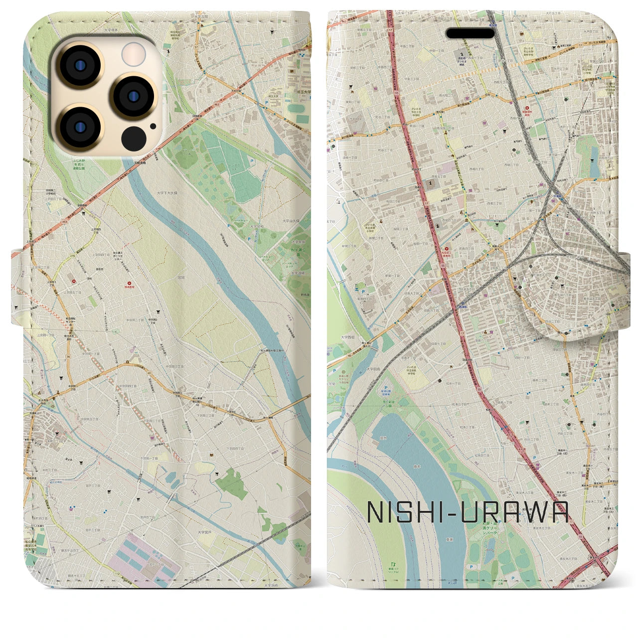 【西浦和(埼玉県)】地図柄iPhoneケース(手帳タイプ)ナチュラル・iPhone 12 Pro Max 用