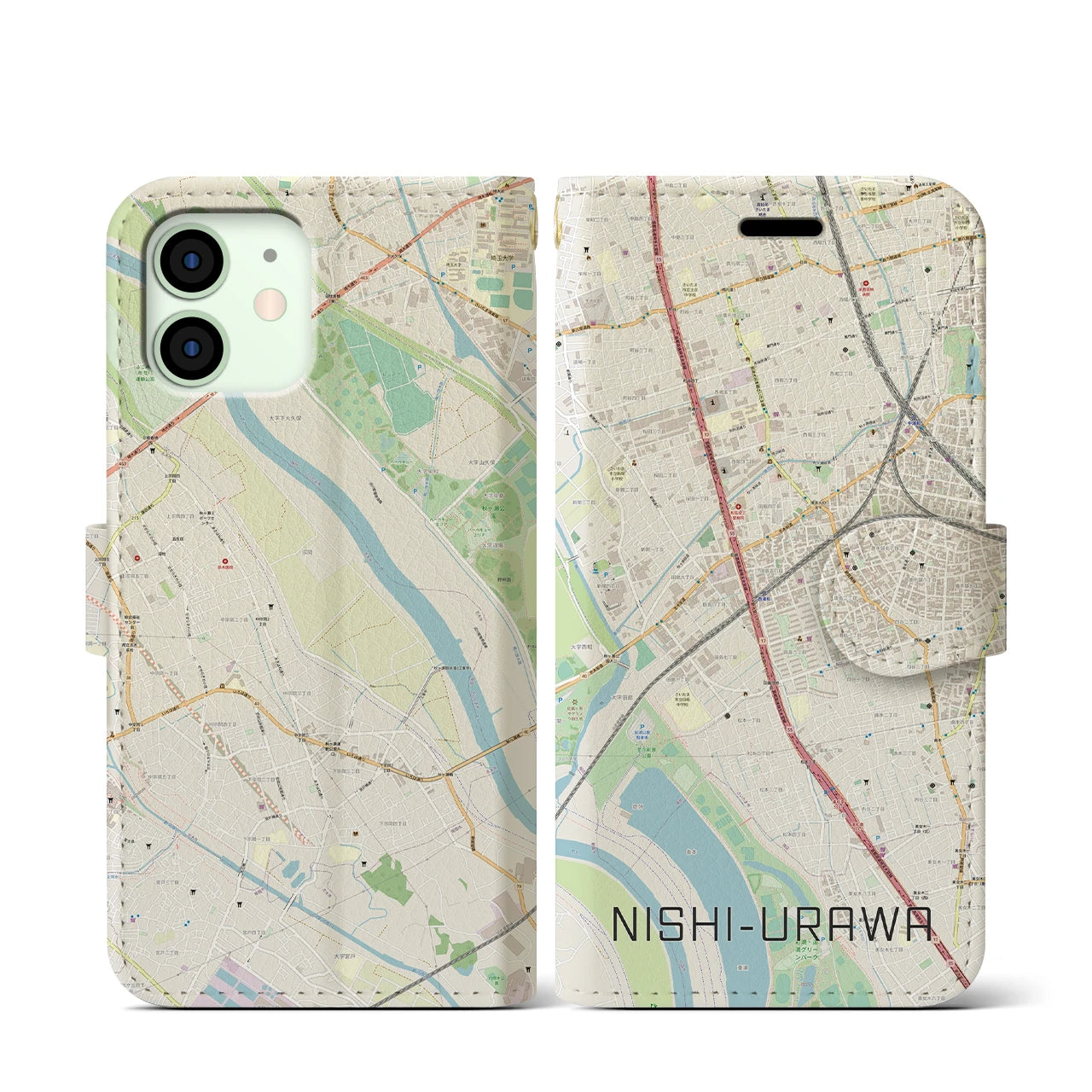 【西浦和(埼玉県)】地図柄iPhoneケース(手帳タイプ)ナチュラル・iPhone 12 mini 用