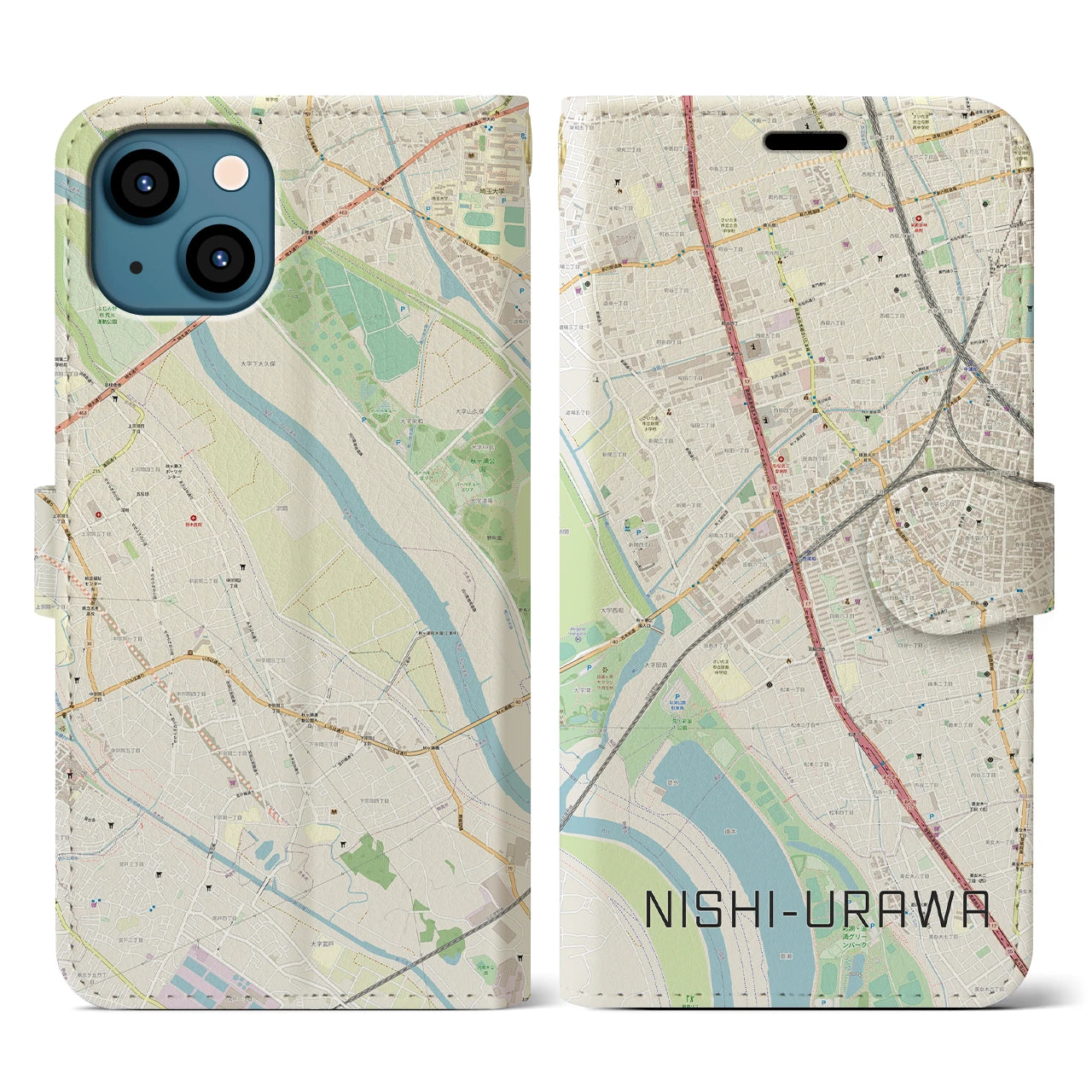 【西浦和(埼玉県)】地図柄iPhoneケース(手帳タイプ)ナチュラル・iPhone 13 用