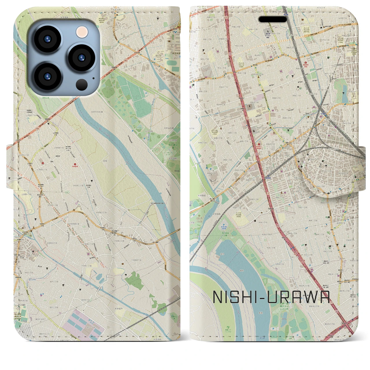 【西浦和(埼玉県)】地図柄iPhoneケース(手帳タイプ)ナチュラル・iPhone 13 Pro Max 用