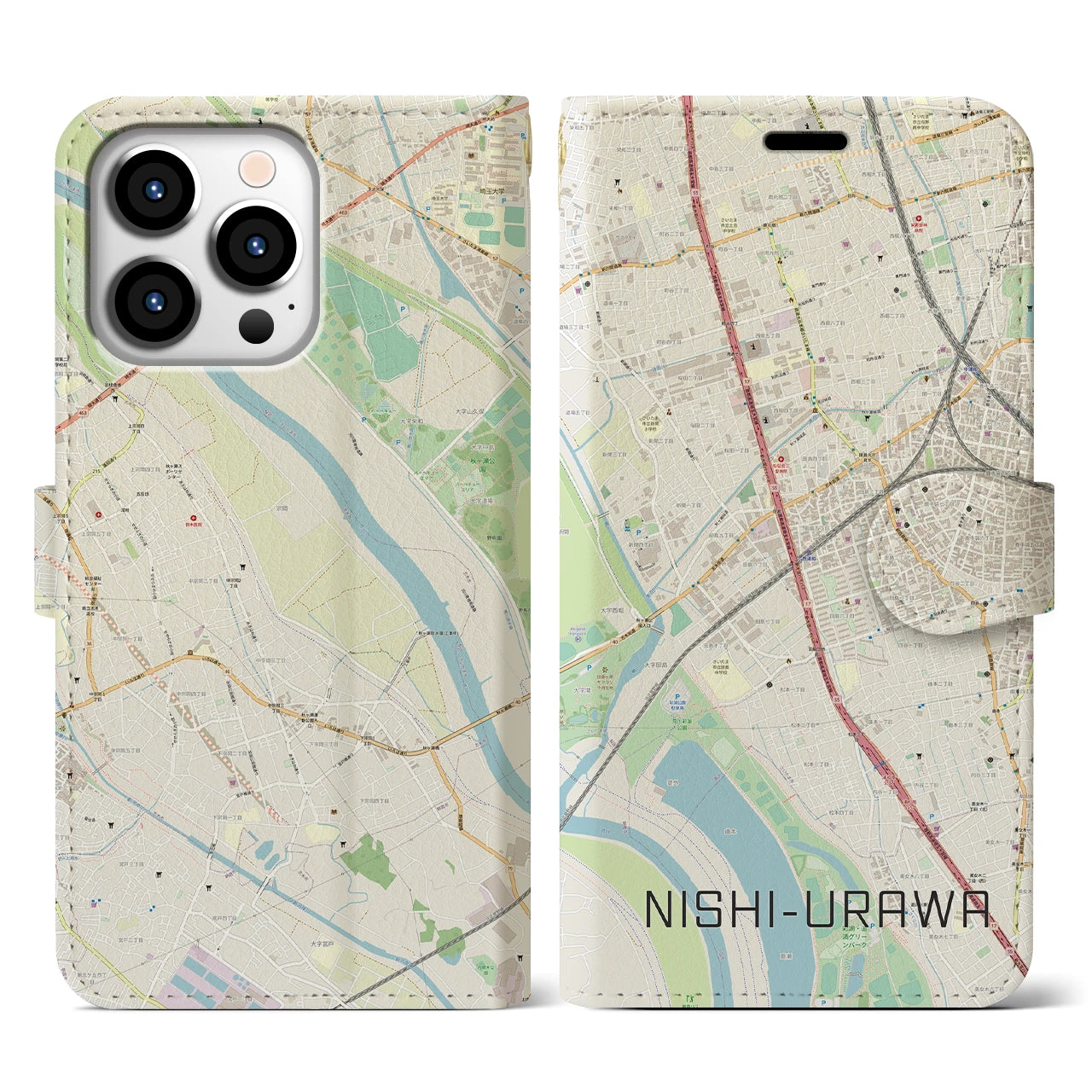 【西浦和(埼玉県)】地図柄iPhoneケース(手帳タイプ)ナチュラル・iPhone 13 Pro 用