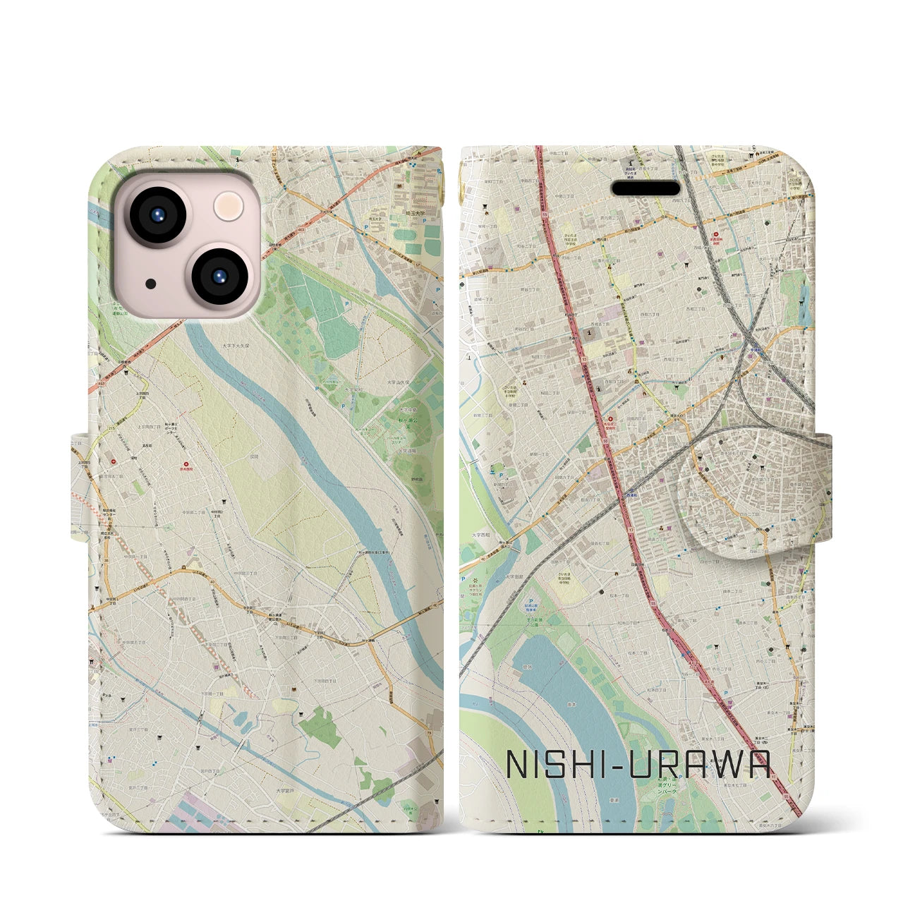 【西浦和(埼玉県)】地図柄iPhoneケース(手帳タイプ)ナチュラル・iPhone 13 mini 用