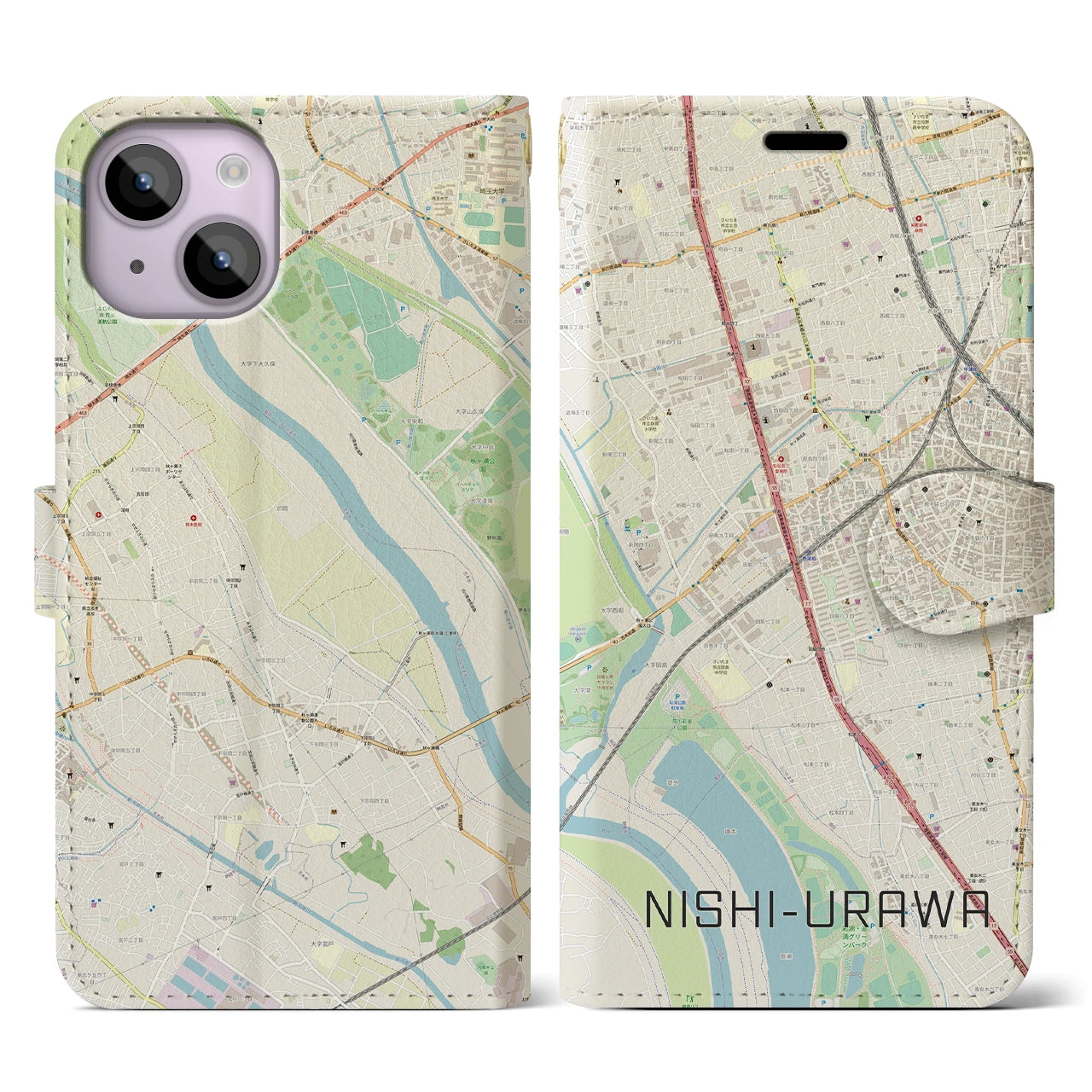 【西浦和(埼玉県)】地図柄iPhoneケース(手帳タイプ)ナチュラル・iPhone 14 用