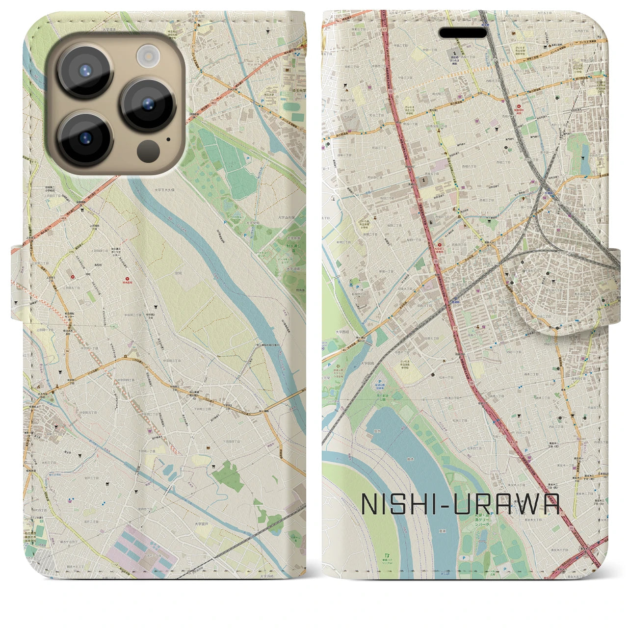 【西浦和(埼玉県)】地図柄iPhoneケース(手帳タイプ)ナチュラル・iPhone 14 Pro Max 用