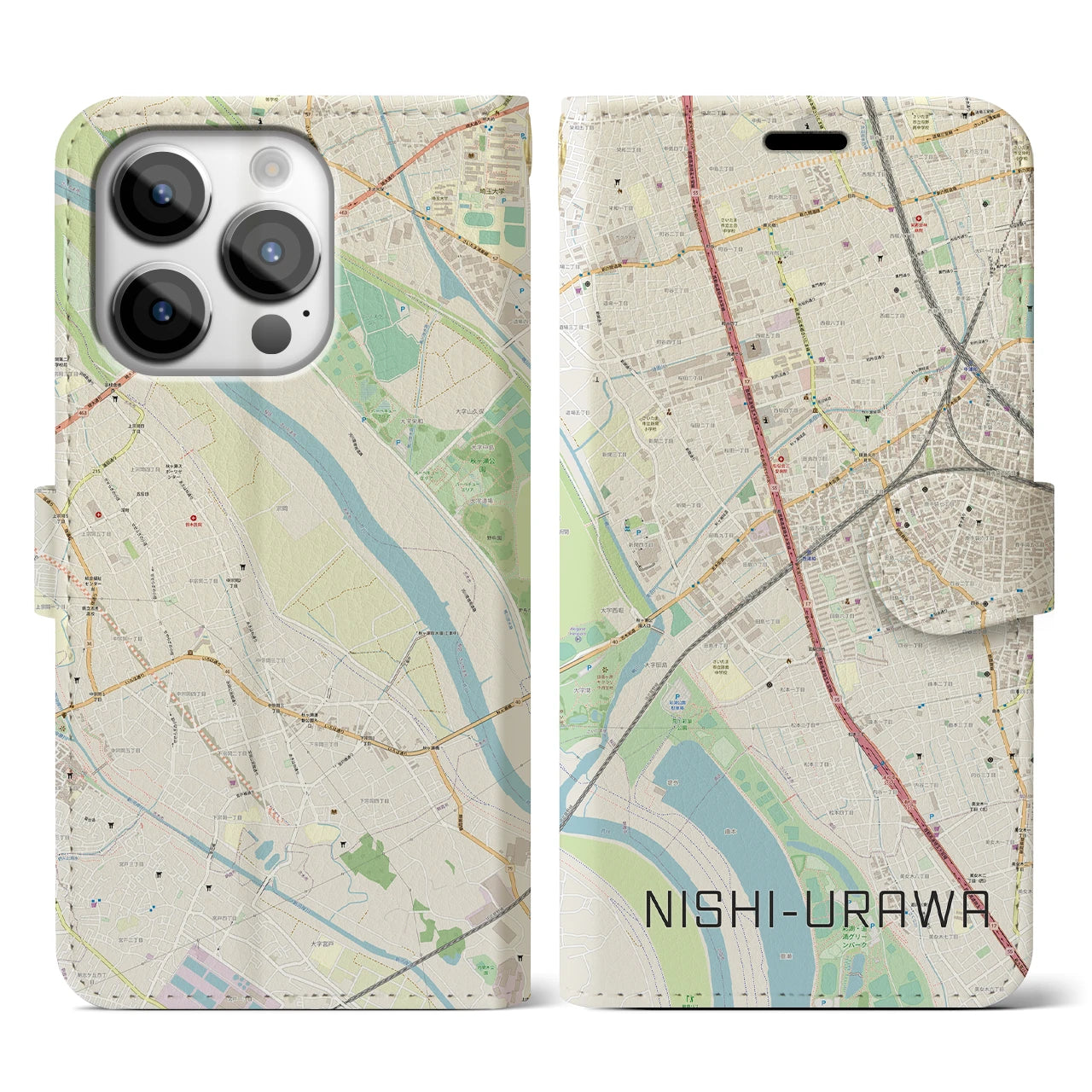 【西浦和(埼玉県)】地図柄iPhoneケース(手帳タイプ)ナチュラル・iPhone 14 Pro 用