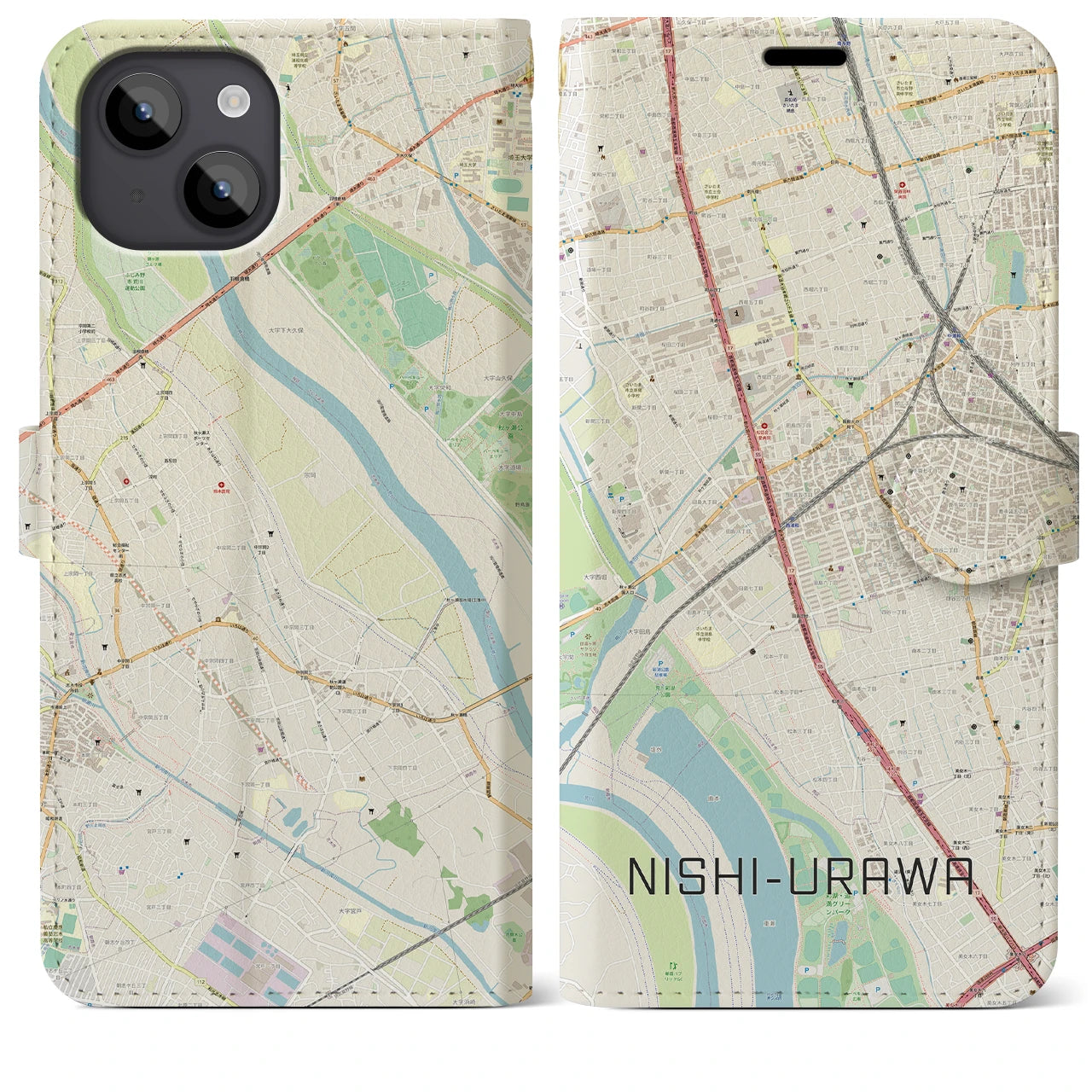 【西浦和(埼玉県)】地図柄iPhoneケース(手帳タイプ)ナチュラル・iPhone 14 Plus 用