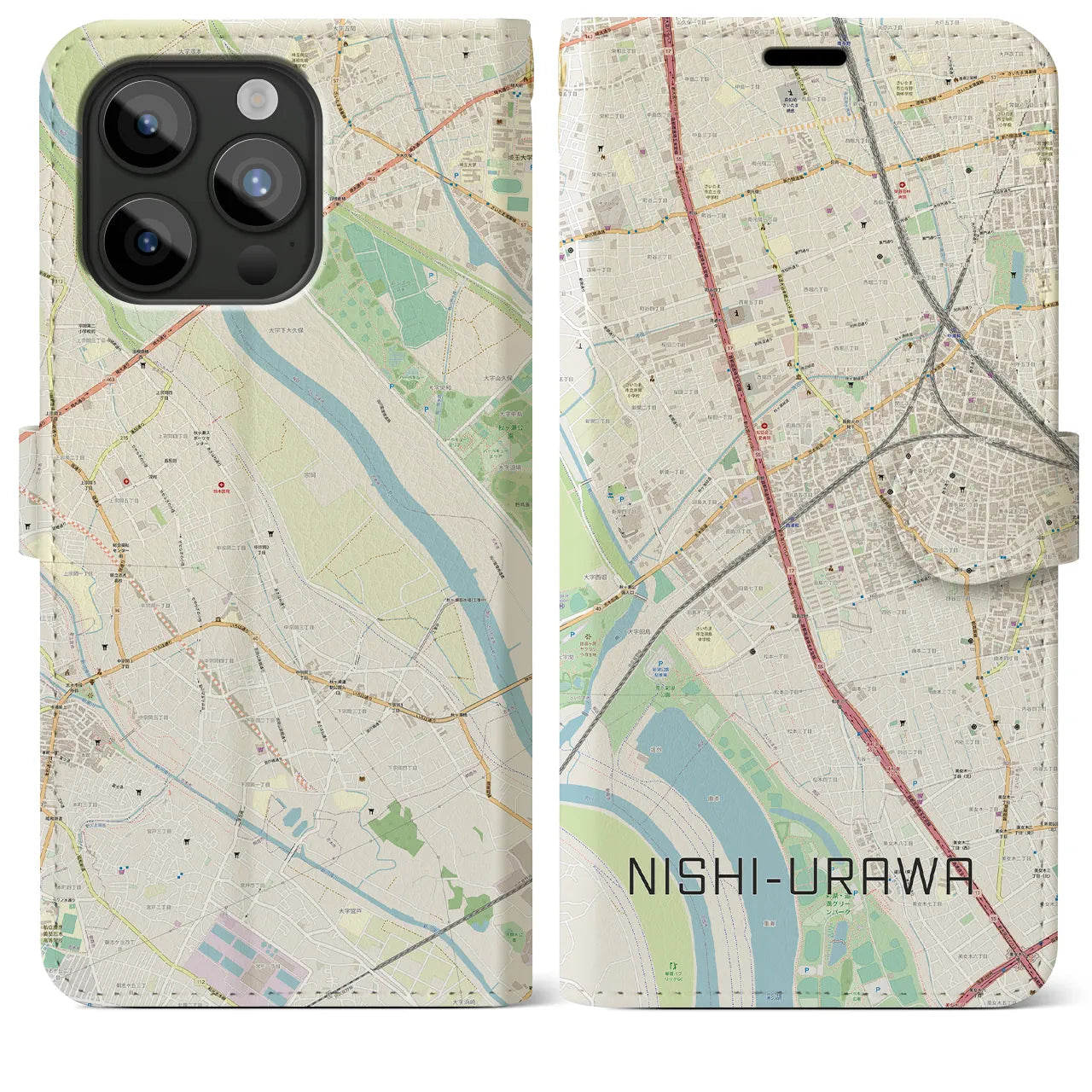 【西浦和(埼玉県)】地図柄iPhoneケース(手帳タイプ)ナチュラル・iPhone 15 Pro Max 用