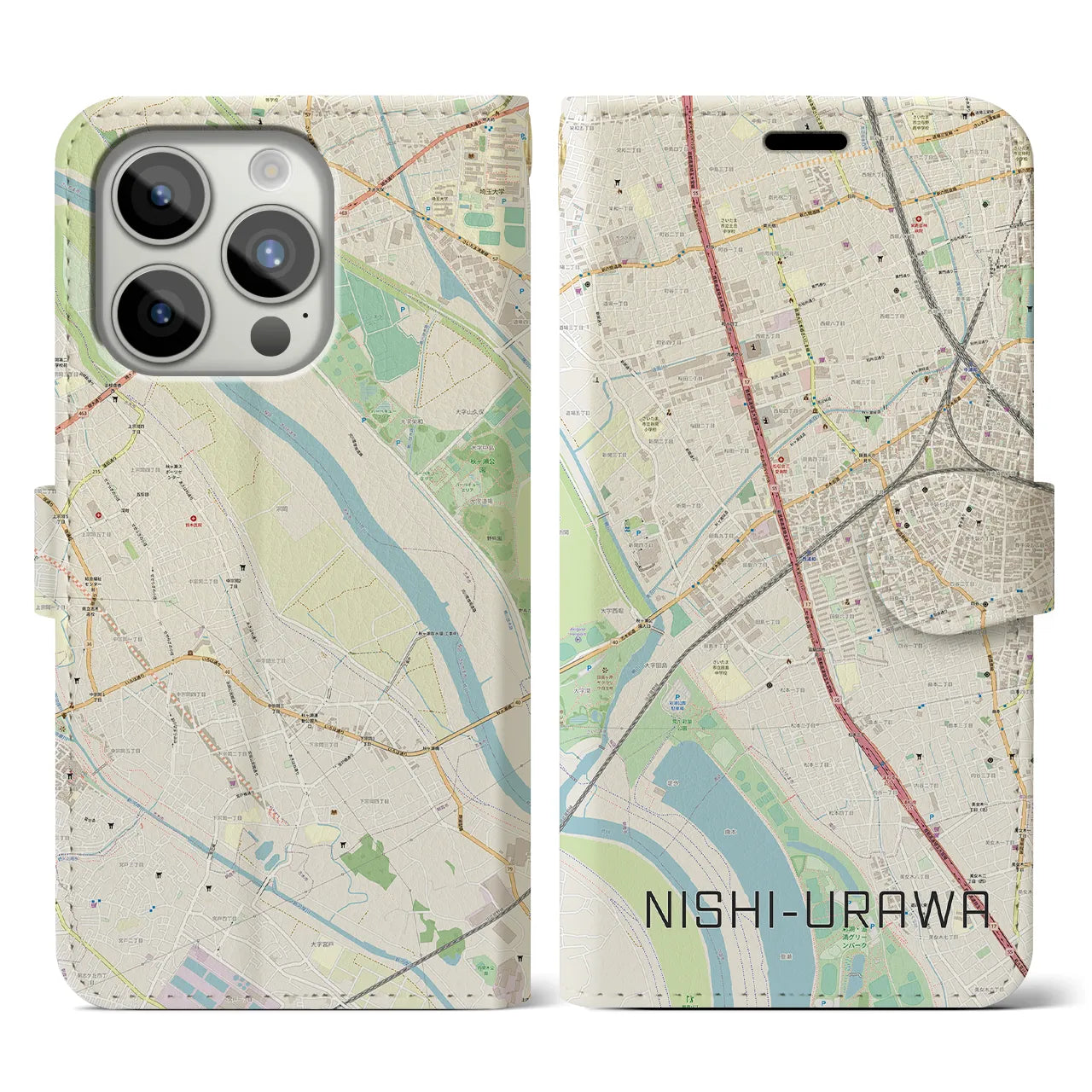 【西浦和(埼玉県)】地図柄iPhoneケース(手帳タイプ)ナチュラル・iPhone 15 Pro 用