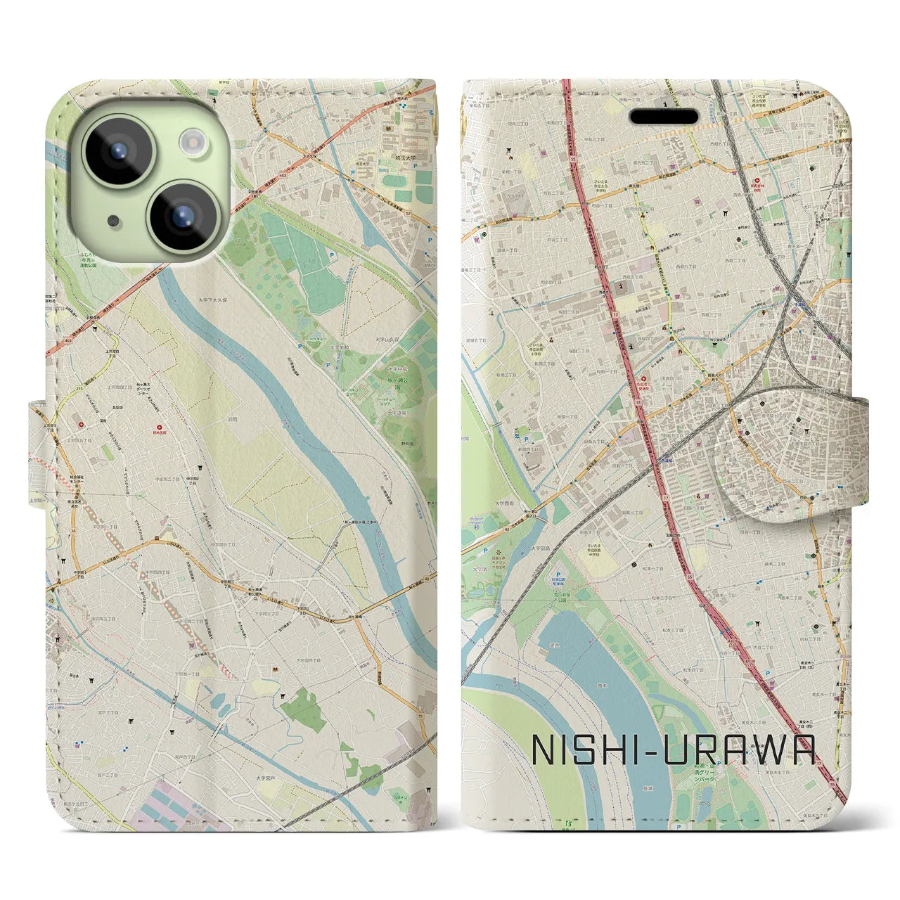 【西浦和(埼玉県)】地図柄iPhoneケース(手帳タイプ)ナチュラル・iPhone 15 用