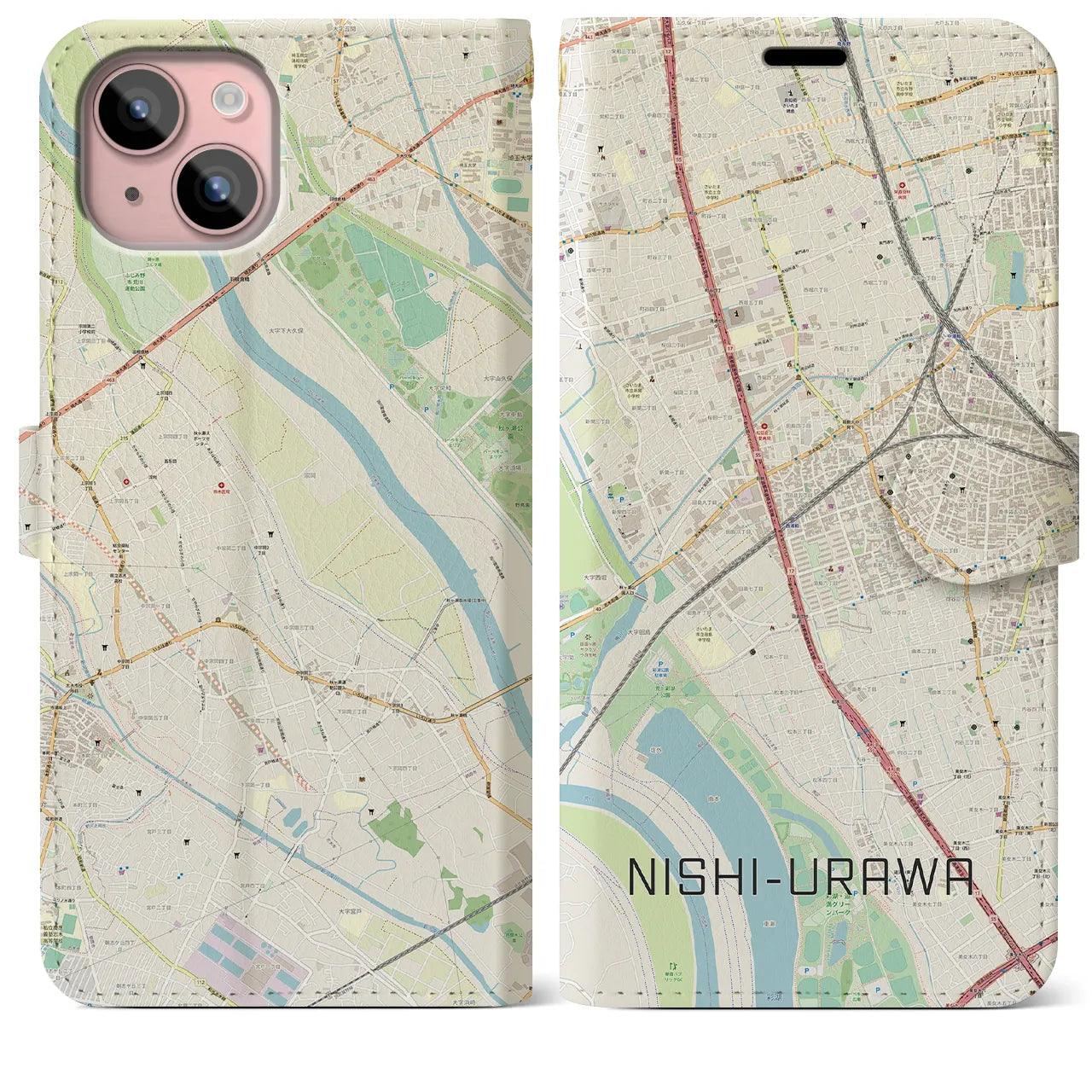 【西浦和(埼玉県)】地図柄iPhoneケース(手帳タイプ)ナチュラル・iPhone 15 Plus 用
