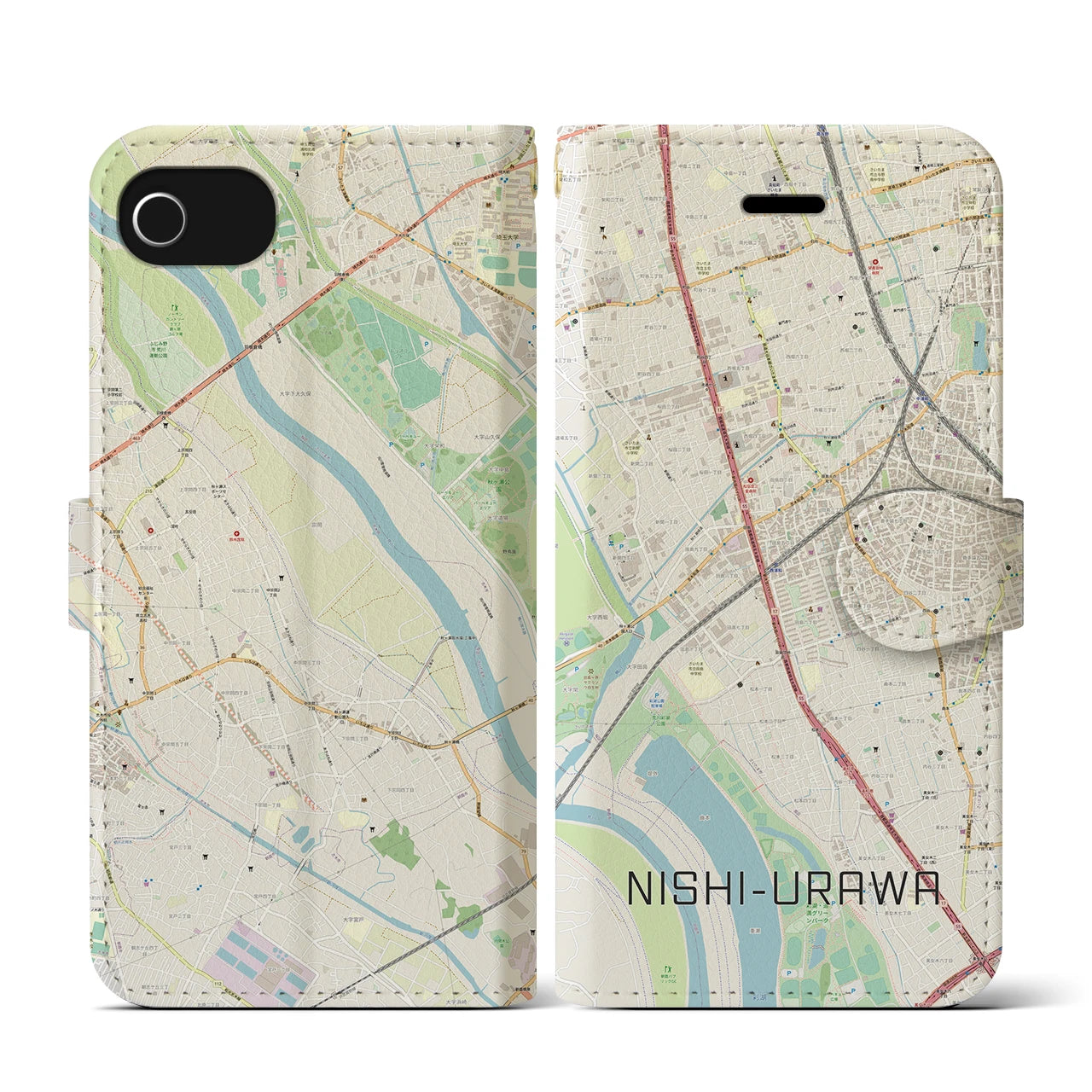 【西浦和(埼玉県)】地図柄iPhoneケース(手帳タイプ)ナチュラル・iPhone SE(第3 / 第2世代) / 8 / 7 / 6s / 6 用