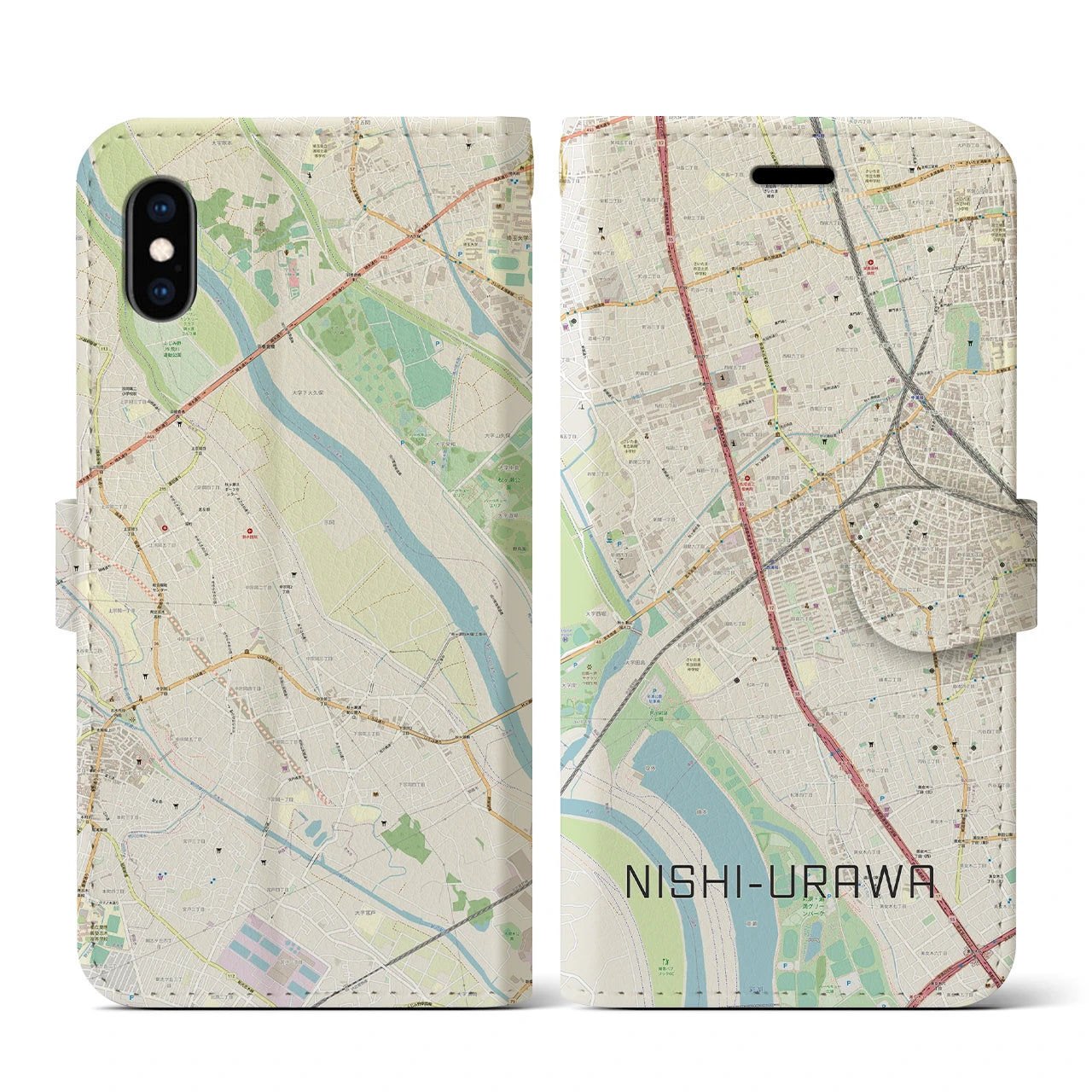 【西浦和(埼玉県)】地図柄iPhoneケース(手帳タイプ)ナチュラル・iPhone XS / X 用