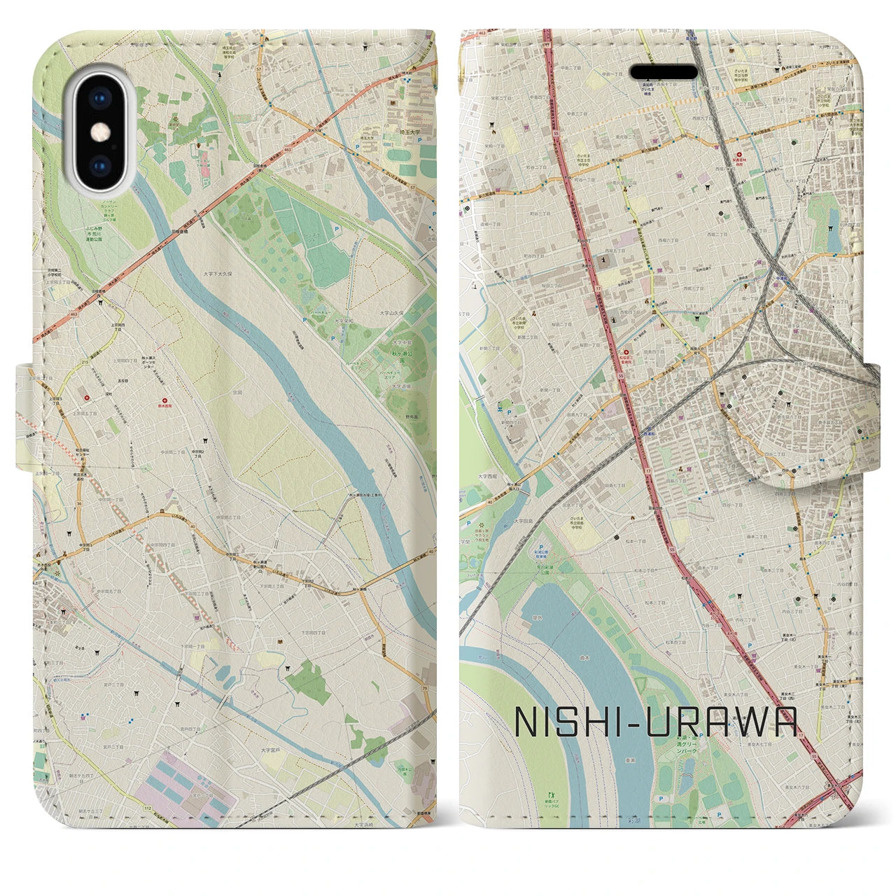 【西浦和(埼玉県)】地図柄iPhoneケース(手帳タイプ)ナチュラル・iPhone XS Max 用