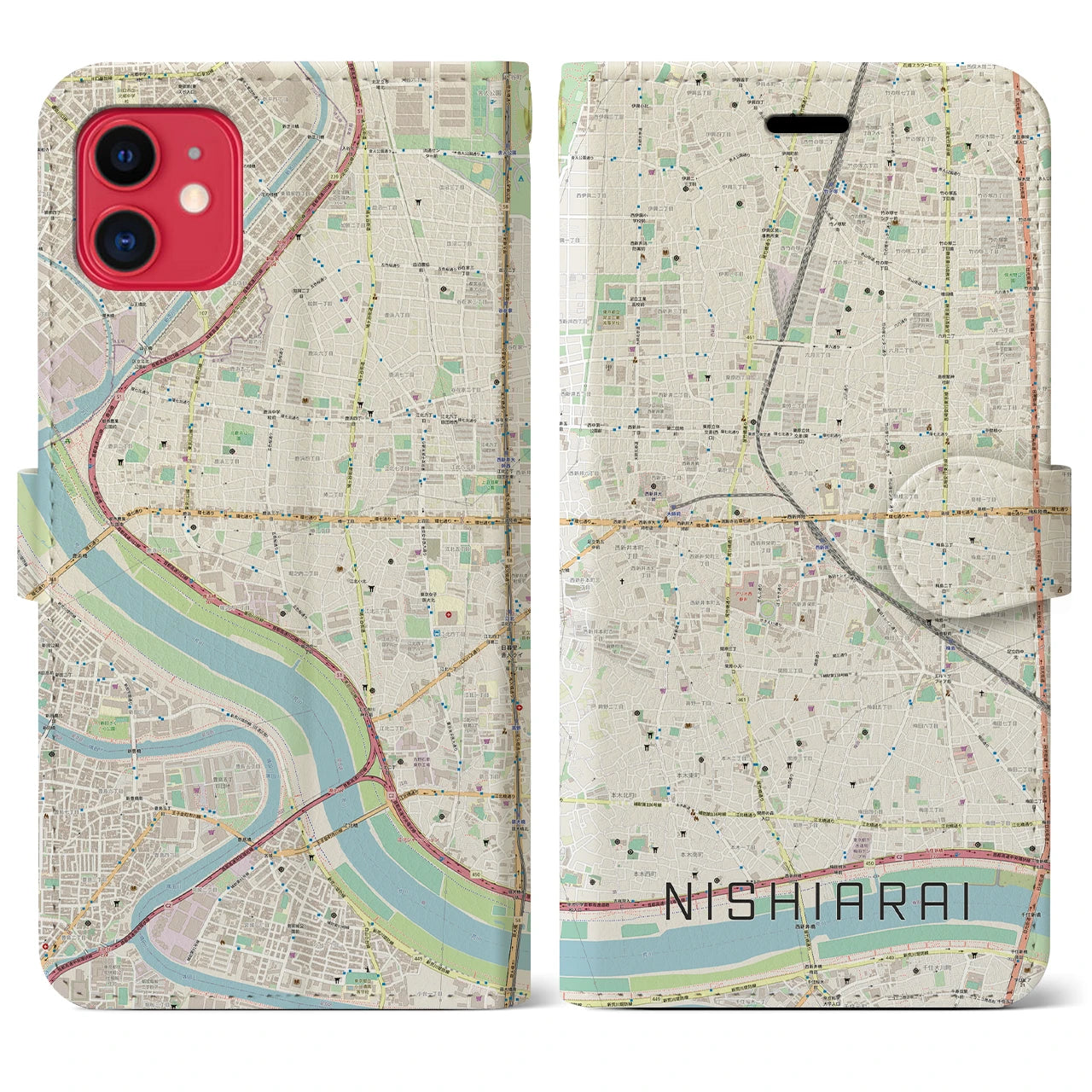 【西新井(東京都)】地図柄iPhoneケース(手帳タイプ)ナチュラル・iPhone 11 用