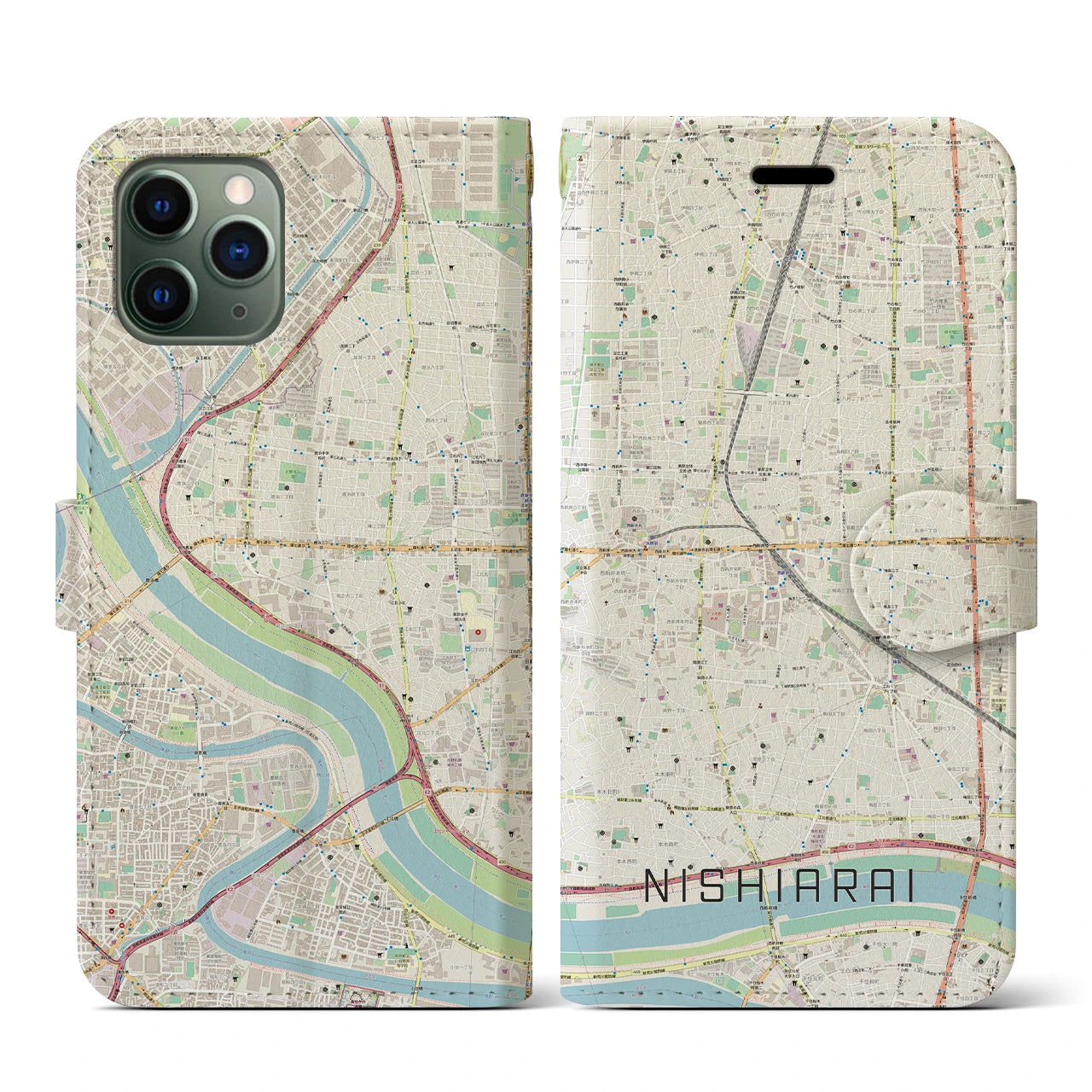 【西新井(東京都)】地図柄iPhoneケース(手帳タイプ)ナチュラル・iPhone 11 Pro 用