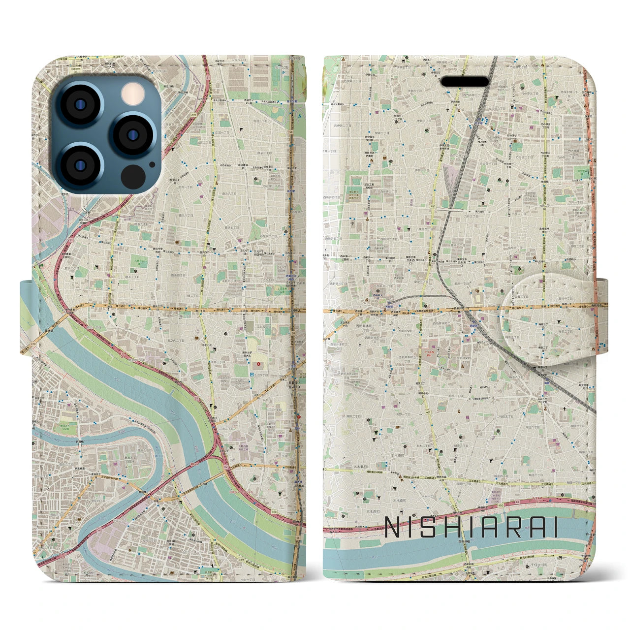 【西新井(東京都)】地図柄iPhoneケース(手帳タイプ)ナチュラル・iPhone 12 / 12 Pro 用