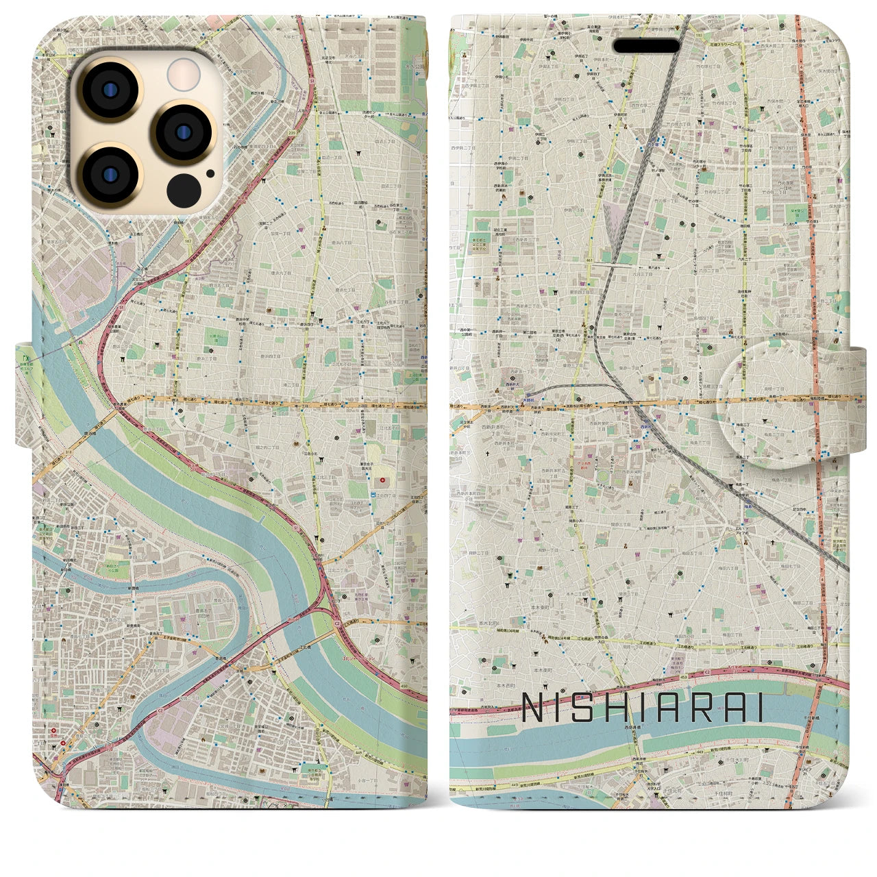 【西新井(東京都)】地図柄iPhoneケース(手帳タイプ)ナチュラル・iPhone 12 Pro Max 用
