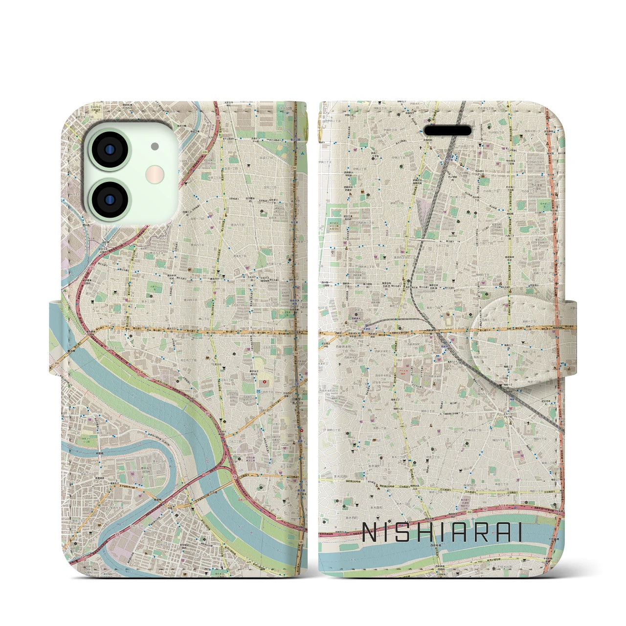 【西新井(東京都)】地図柄iPhoneケース(手帳タイプ)ナチュラル・iPhone 12 mini 用