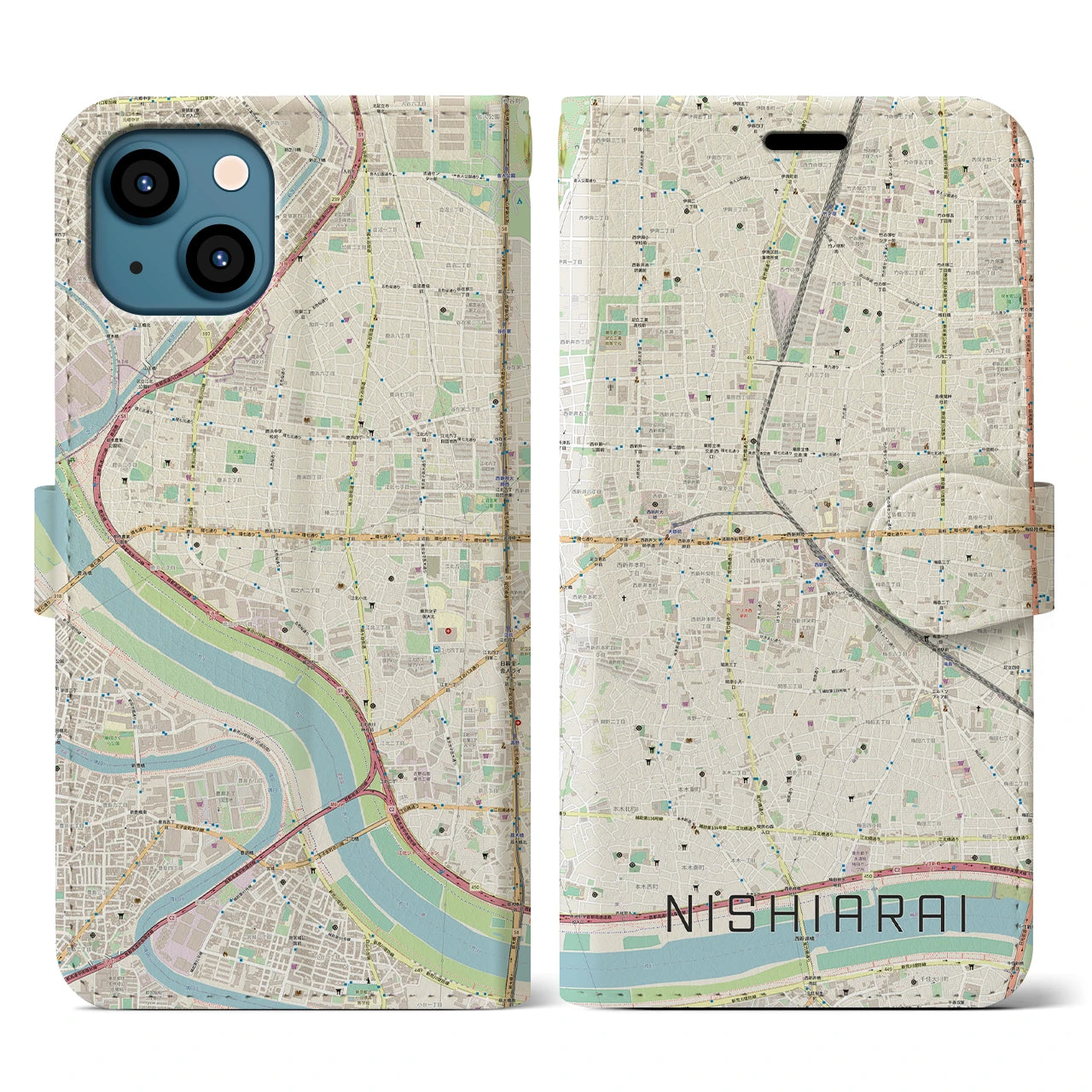 【西新井(東京都)】地図柄iPhoneケース(手帳タイプ)ナチュラル・iPhone 13 用
