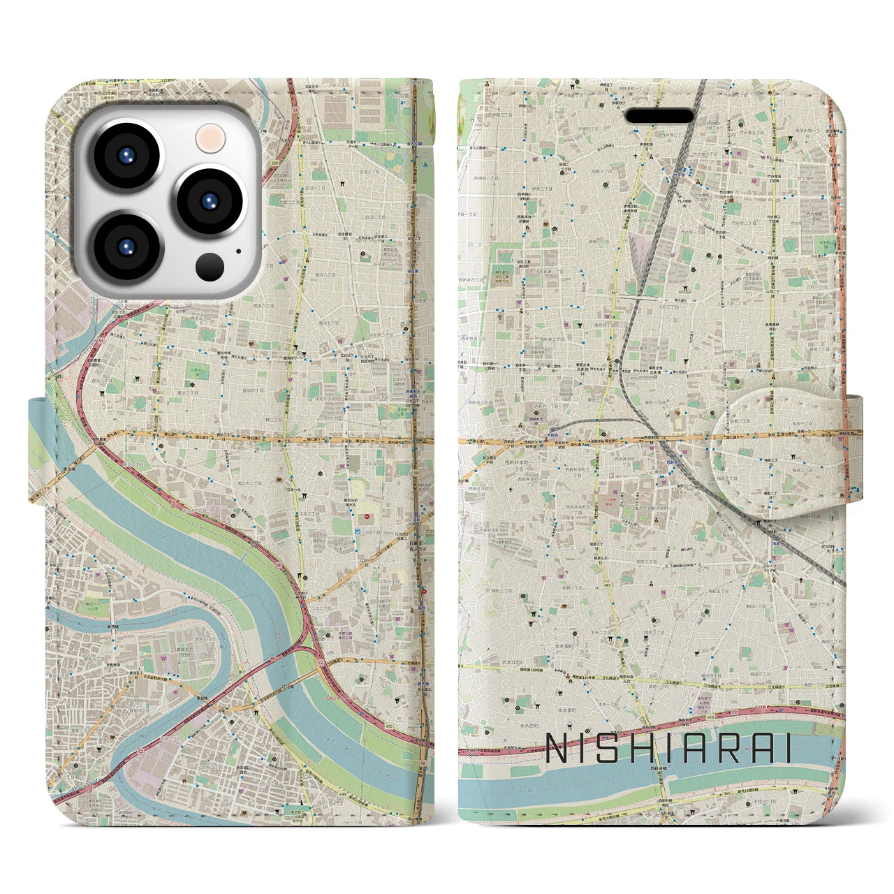 【西新井(東京都)】地図柄iPhoneケース(手帳タイプ)ナチュラル・iPhone 13 Pro 用
