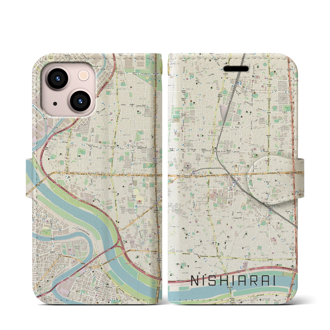 【西新井(東京都)】地図柄iPhoneケース(手帳タイプ)ナチュラル・iPhone 13 mini 用