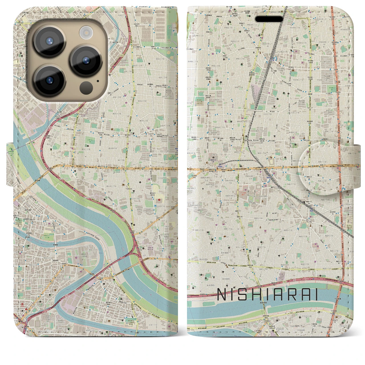 【西新井(東京都)】地図柄iPhoneケース(手帳タイプ)ナチュラル・iPhone 14 Pro Max 用
