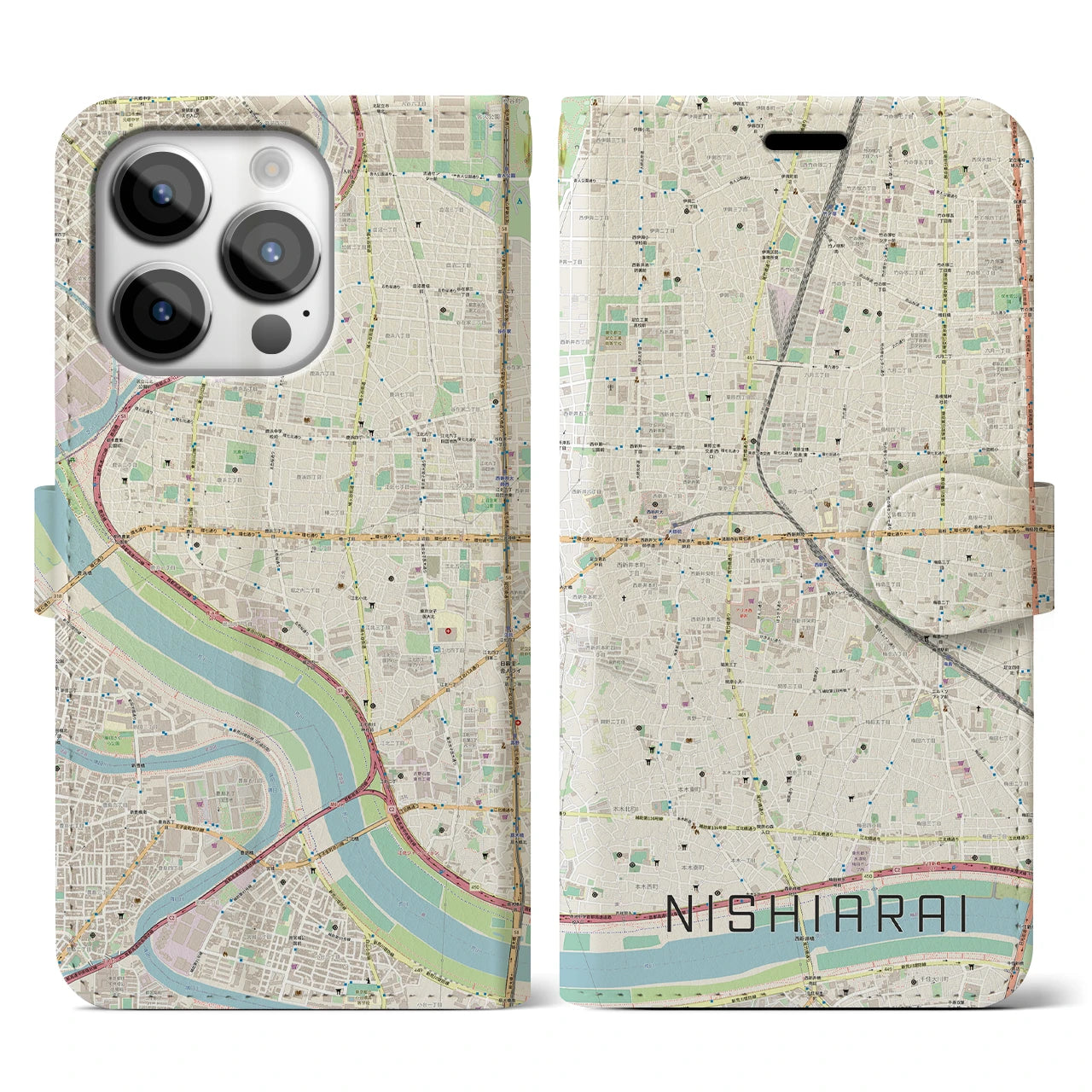 【西新井(東京都)】地図柄iPhoneケース(手帳タイプ)ナチュラル・iPhone 14 Pro 用