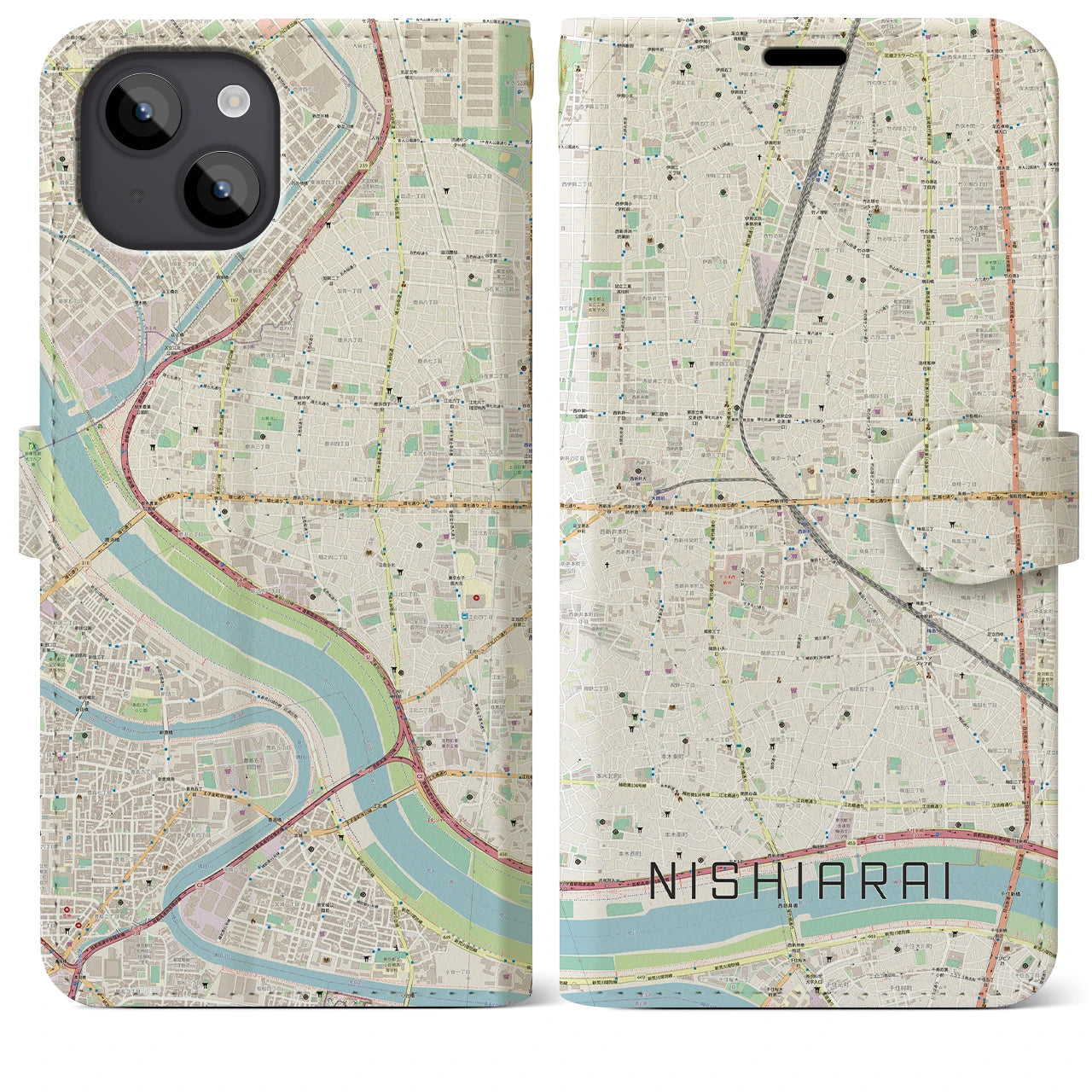 【西新井(東京都)】地図柄iPhoneケース(手帳タイプ)ナチュラル・iPhone 14 Plus 用