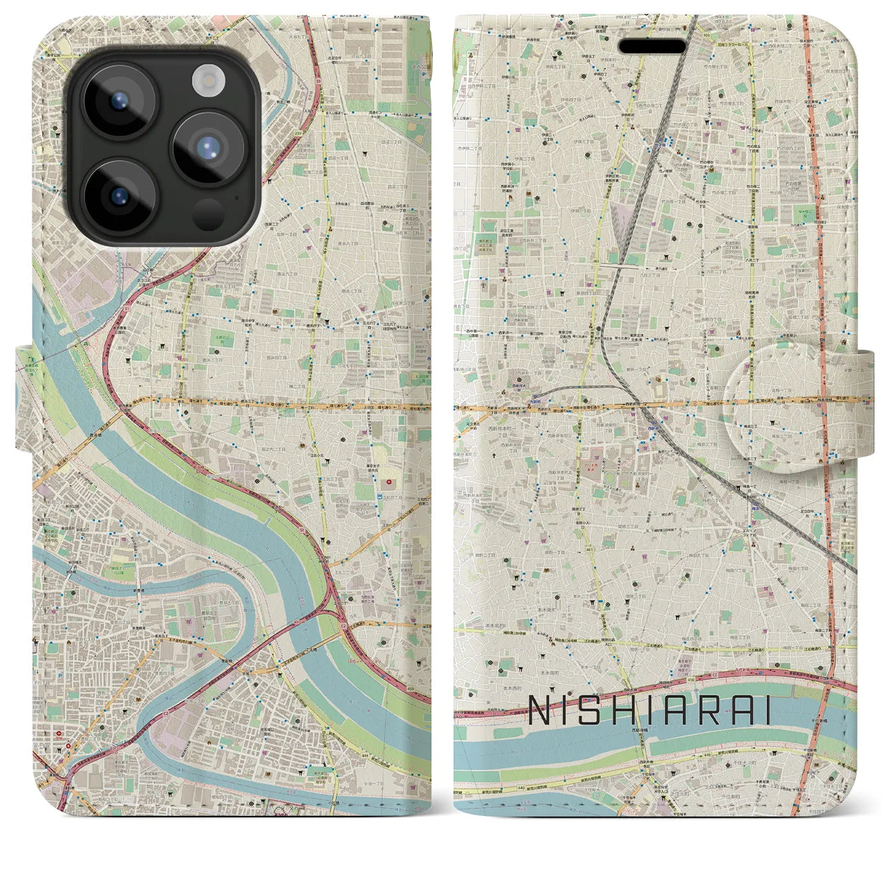 【西新井(東京都)】地図柄iPhoneケース(手帳タイプ)ナチュラル・iPhone 15 Pro Max 用