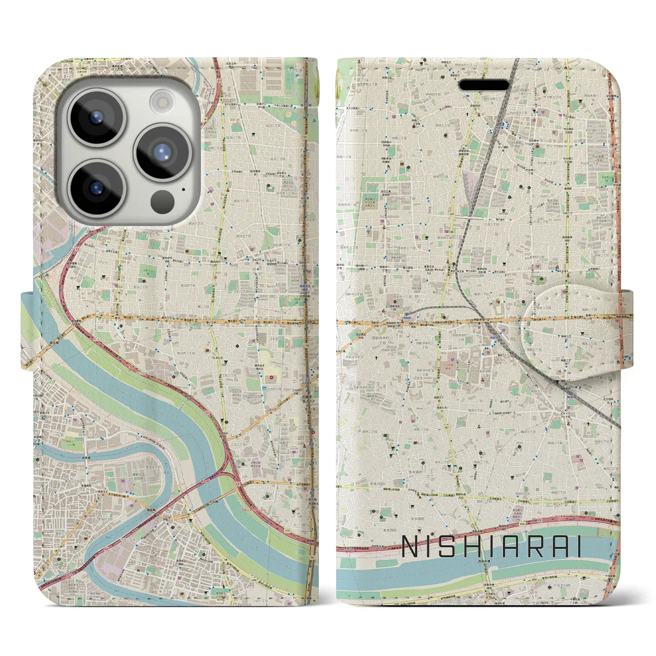 【西新井(東京都)】地図柄iPhoneケース(手帳タイプ)ナチュラル・iPhone 15 Pro 用