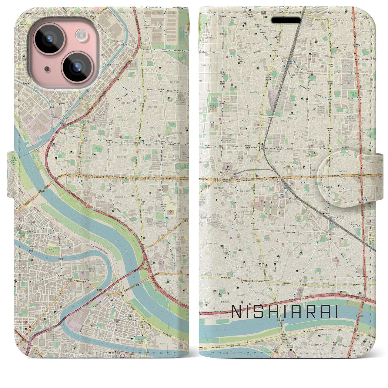 【西新井(東京都)】地図柄iPhoneケース(手帳タイプ)ナチュラル・iPhone 15 Plus 用