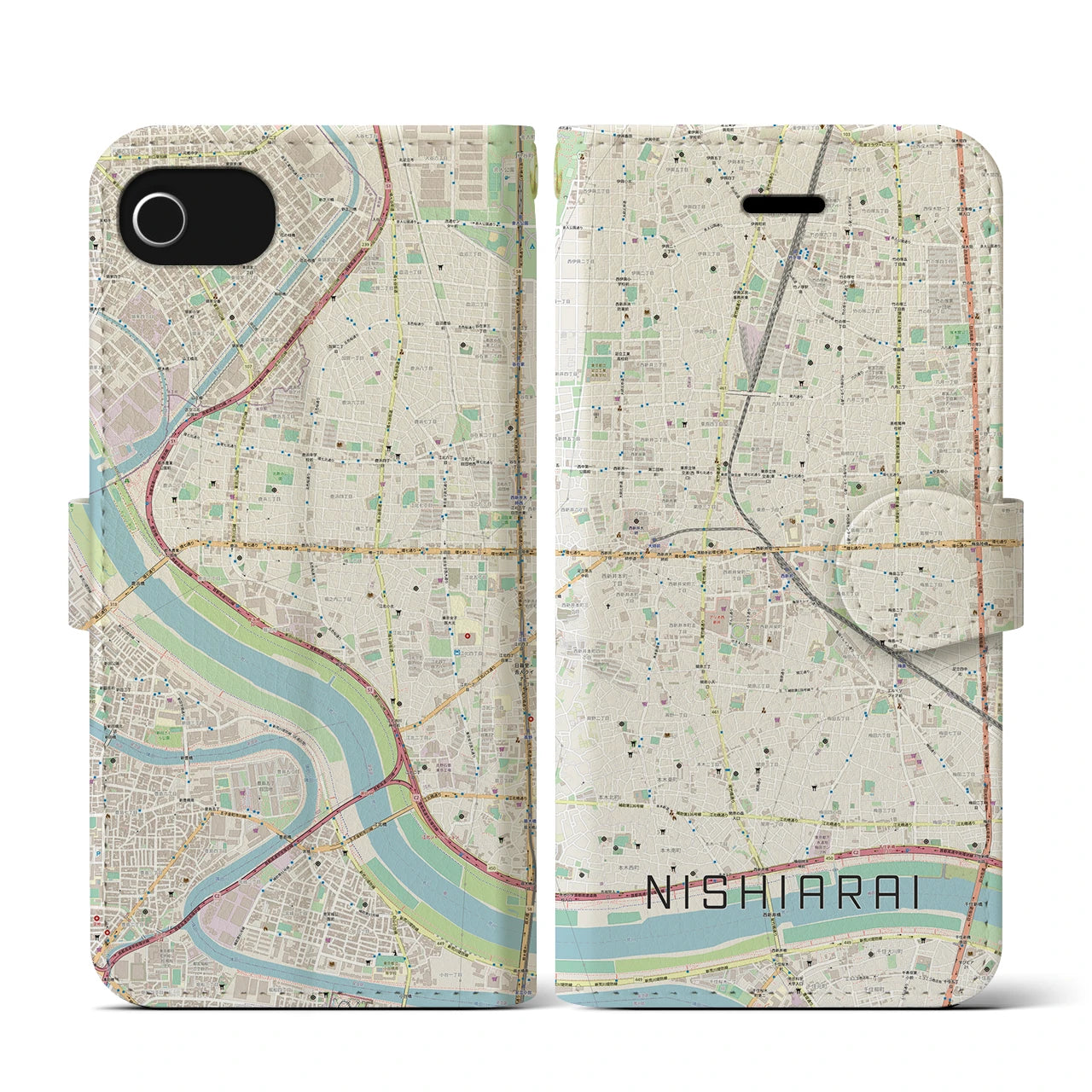 【西新井(東京都)】地図柄iPhoneケース(手帳タイプ)ナチュラル・iPhone SE(第3 / 第2世代) / 8 / 7 / 6s / 6 用