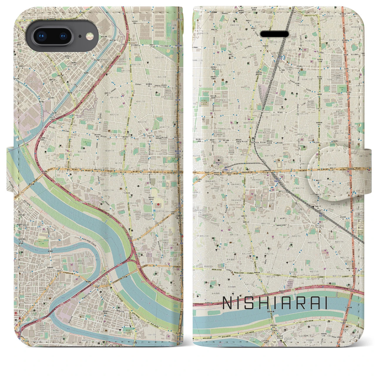 【西新井(東京都)】地図柄iPhoneケース(手帳タイプ)ナチュラル・iPhone 8Plus /7Plus / 6sPlus / 6Plus 用