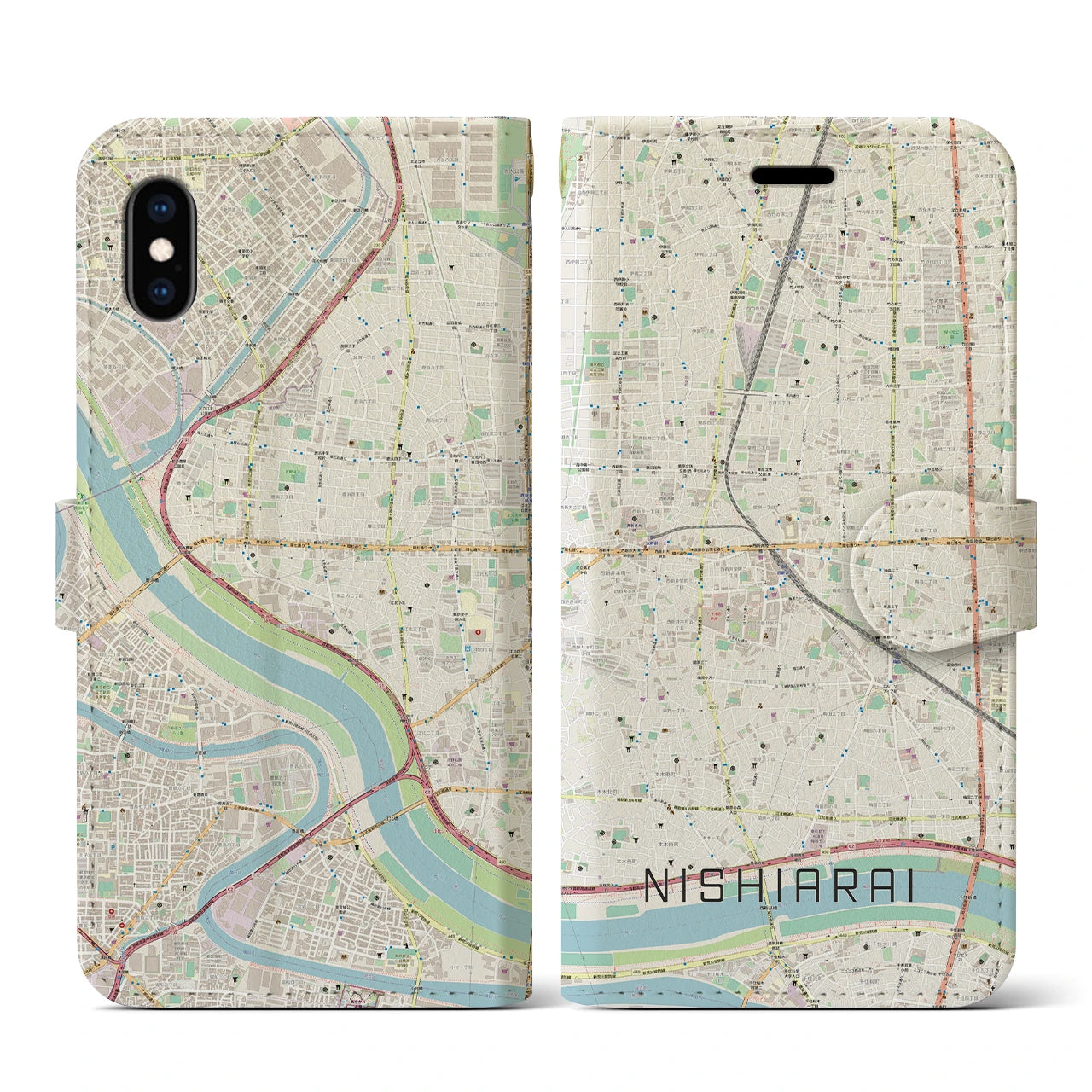 【西新井(東京都)】地図柄iPhoneケース(手帳タイプ)ナチュラル・iPhone XS / X 用
