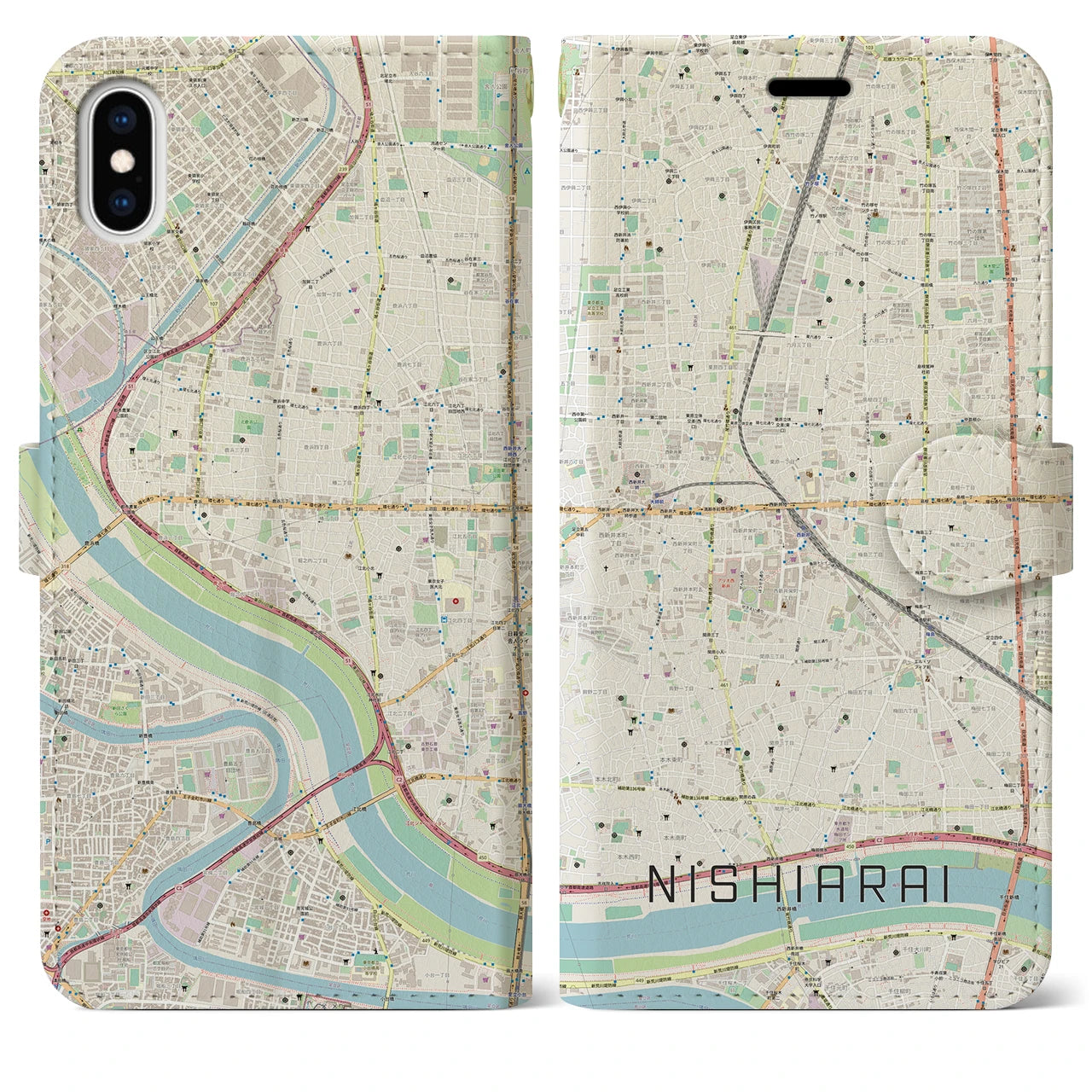【西新井(東京都)】地図柄iPhoneケース(手帳タイプ)ナチュラル・iPhone XS Max 用