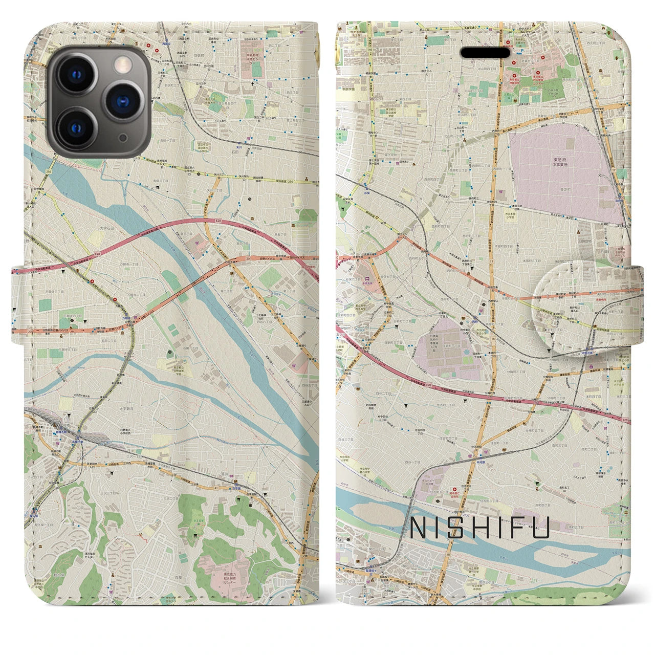 【西府(東京都)】地図柄iPhoneケース(手帳タイプ)ナチュラル・iPhone 11 Pro Max 用
