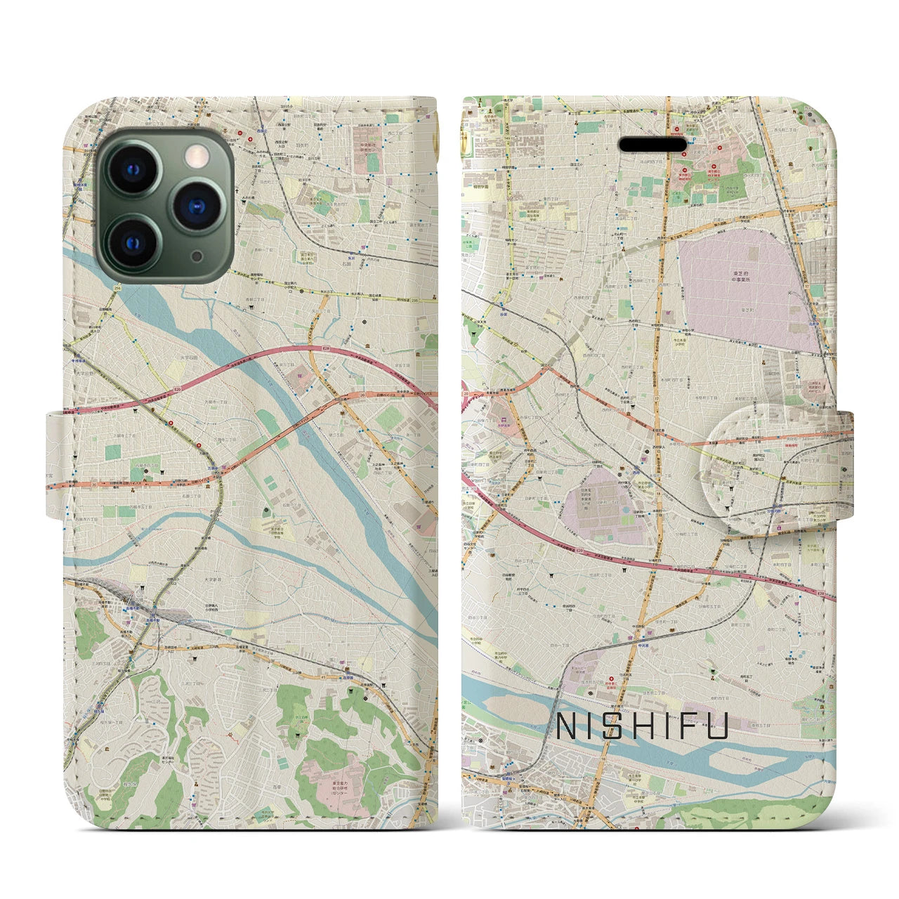 【西府(東京都)】地図柄iPhoneケース(手帳タイプ)ナチュラル・iPhone 11 Pro 用