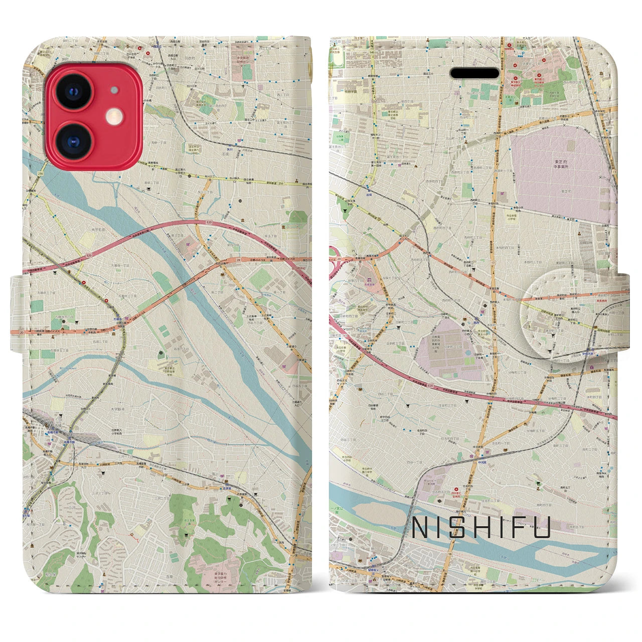 【西府(東京都)】地図柄iPhoneケース(手帳タイプ)ナチュラル・iPhone 11 用
