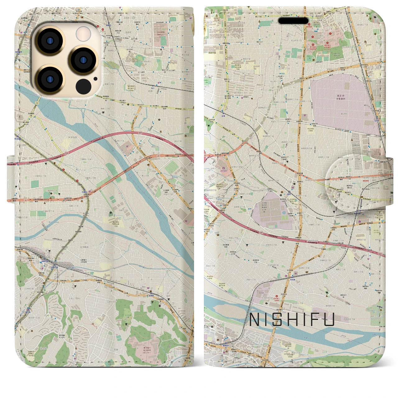 【西府(東京都)】地図柄iPhoneケース(手帳タイプ)ナチュラル・iPhone 12 Pro Max 用