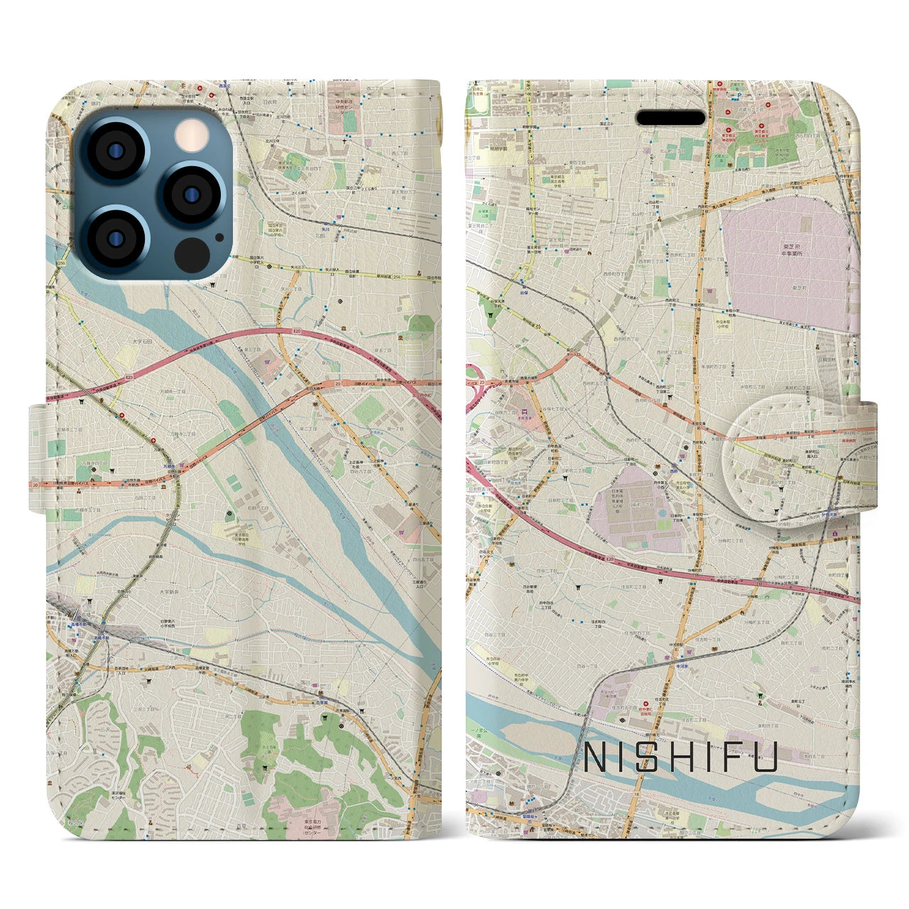 【西府(東京都)】地図柄iPhoneケース(手帳タイプ)ナチュラル・iPhone 12 / 12 Pro 用