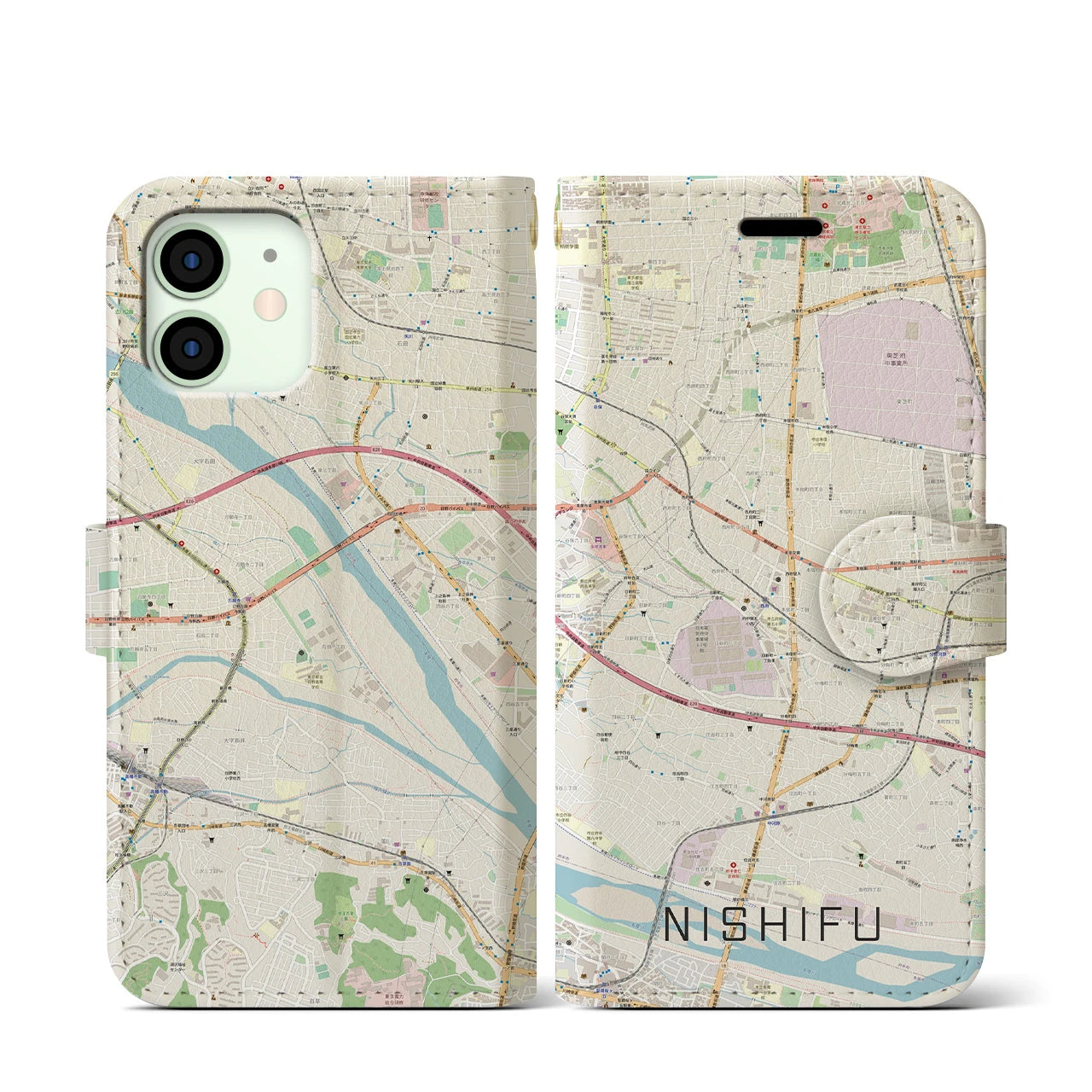 【西府(東京都)】地図柄iPhoneケース(手帳タイプ)ナチュラル・iPhone 12 mini 用