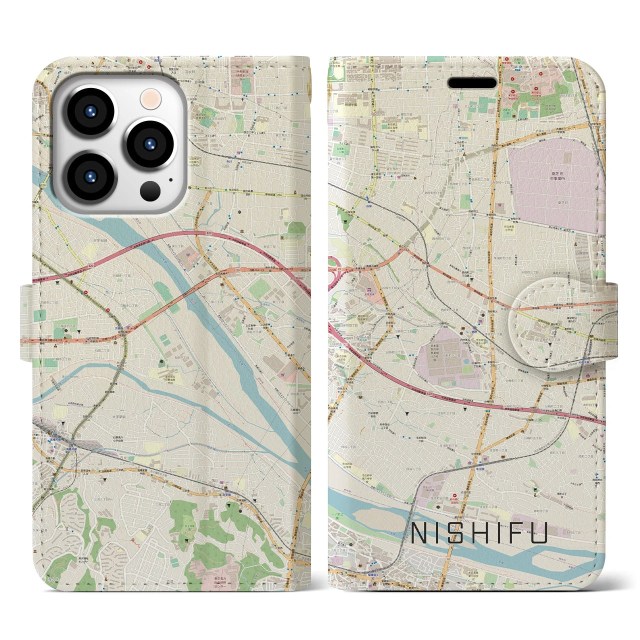 【西府(東京都)】地図柄iPhoneケース(手帳タイプ)ナチュラル・iPhone 13 Pro 用