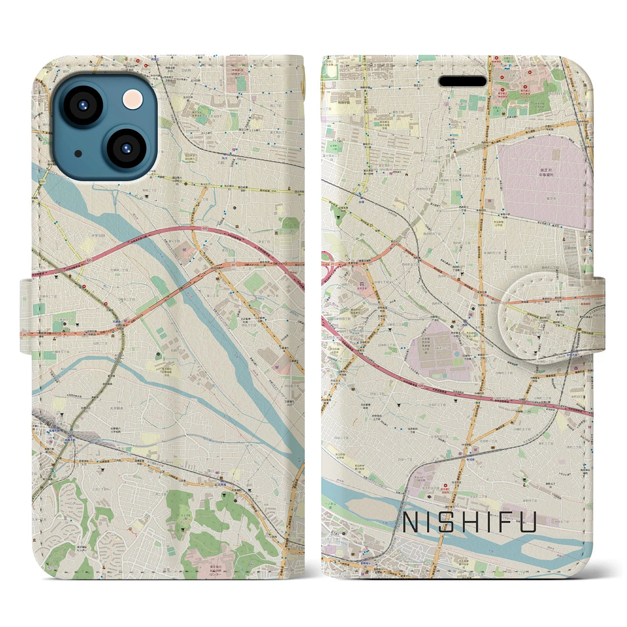 【西府(東京都)】地図柄iPhoneケース(手帳タイプ)ナチュラル・iPhone 13 用