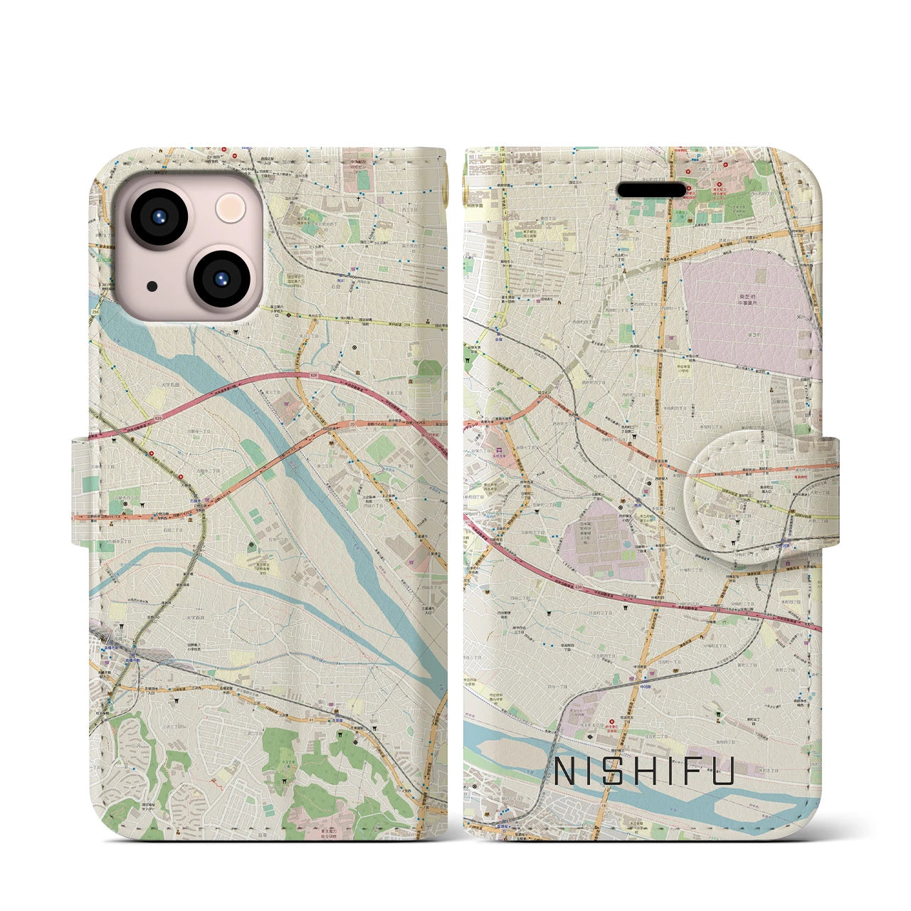 【西府(東京都)】地図柄iPhoneケース(手帳タイプ)ナチュラル・iPhone 13 mini 用